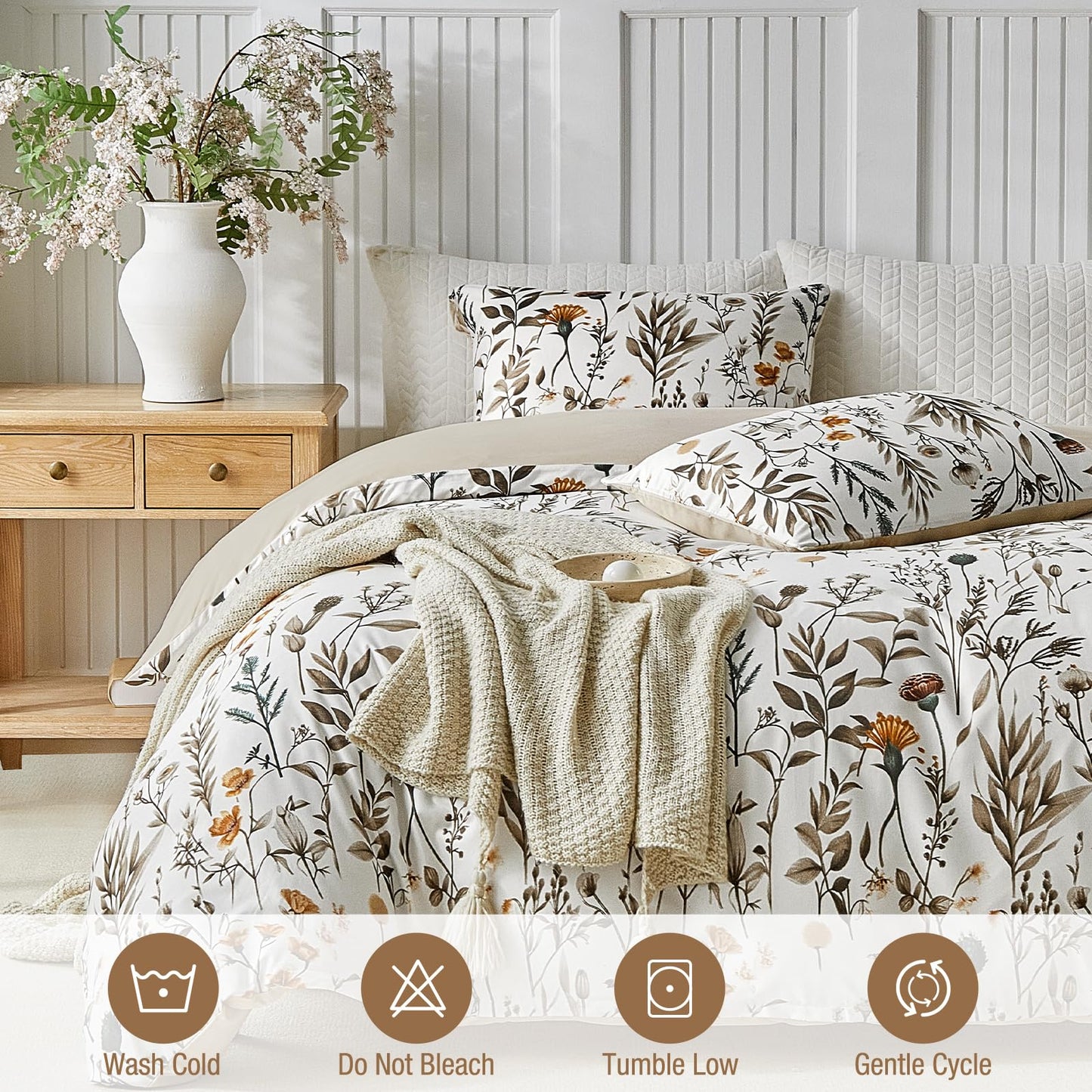 Lekesky King Size Duvet Cover Set, Lightweight Soft Microfiber Comforter Cover，Reversible Duvet Cover King with Branch Pattern, 3 Pieces Khaki Bedding Set with Zipper and 2 Pillowcases