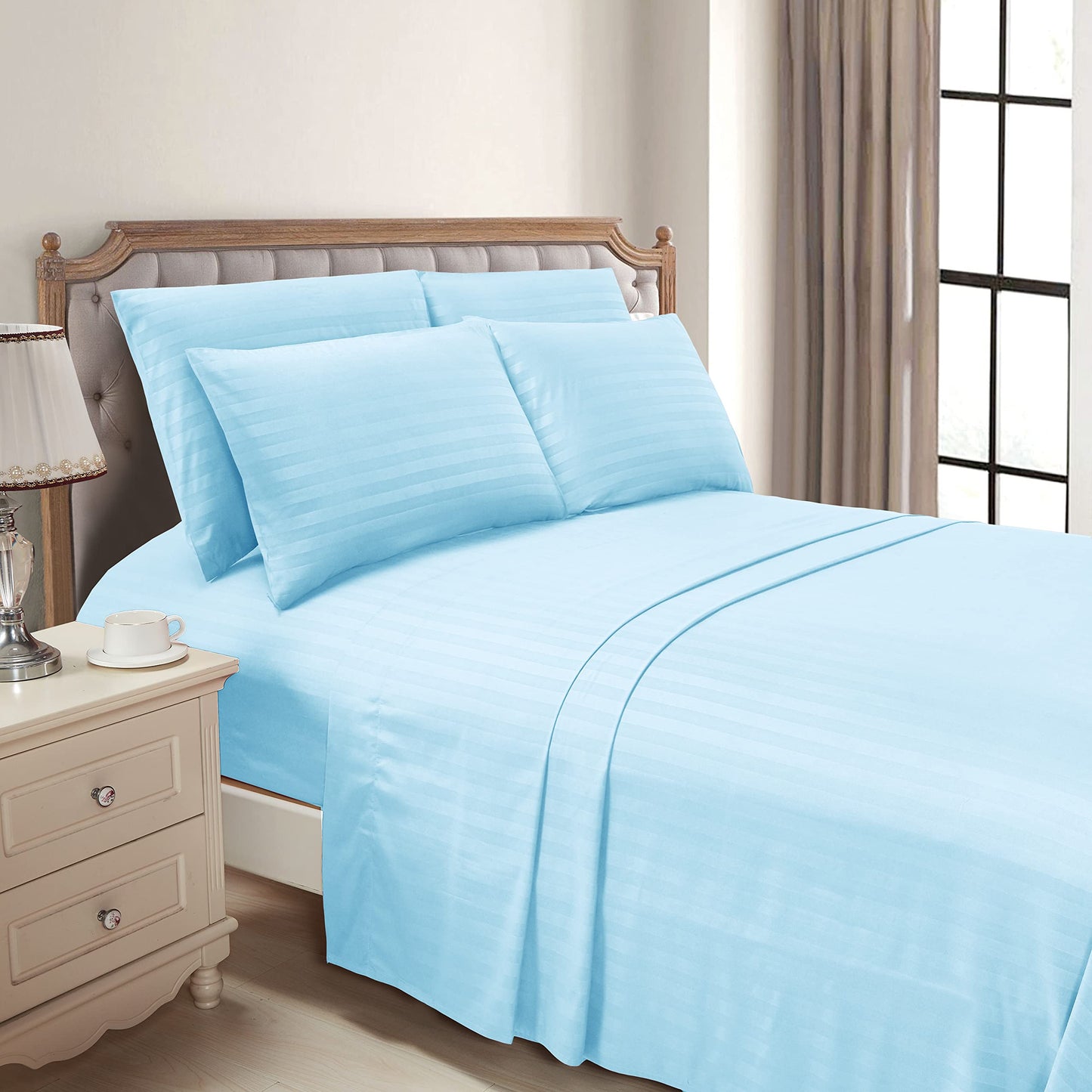 Mocassi Queen Stripe Sheet Set - Luxury Hotel 1800 Premier Bedding Sheets & Pillowcases - Ultra Soft Breathable & Cooling Bed Sheets - Wrinkle Resistant - 6 Piece Set - Queen, Aqua Blue