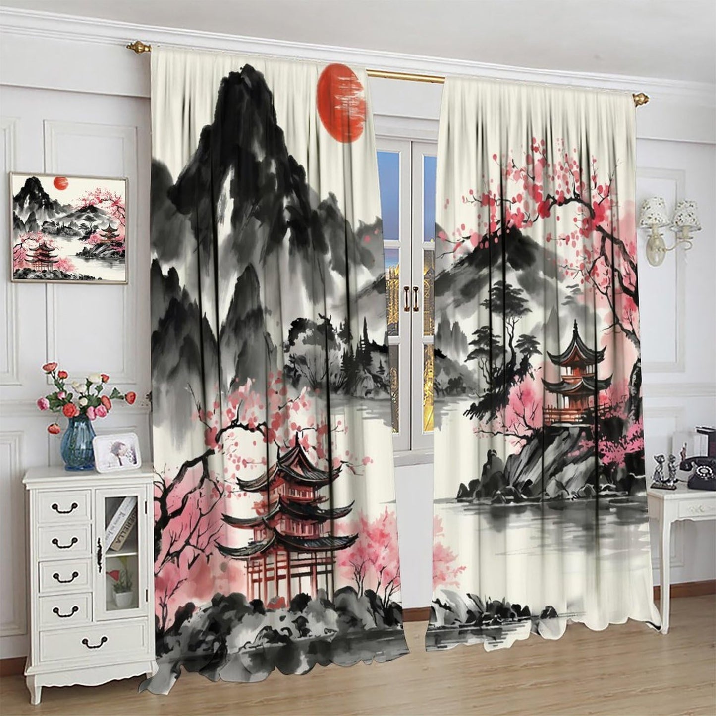 YSWOW Japanese Curtains, Asian Cherry Blossom Landscape Japanese Animation Art Printed Window Drapes for Bedroom Living Room Kitchen Decor Fabric 2 Panel 42x45 Inch 30% Shading Rate