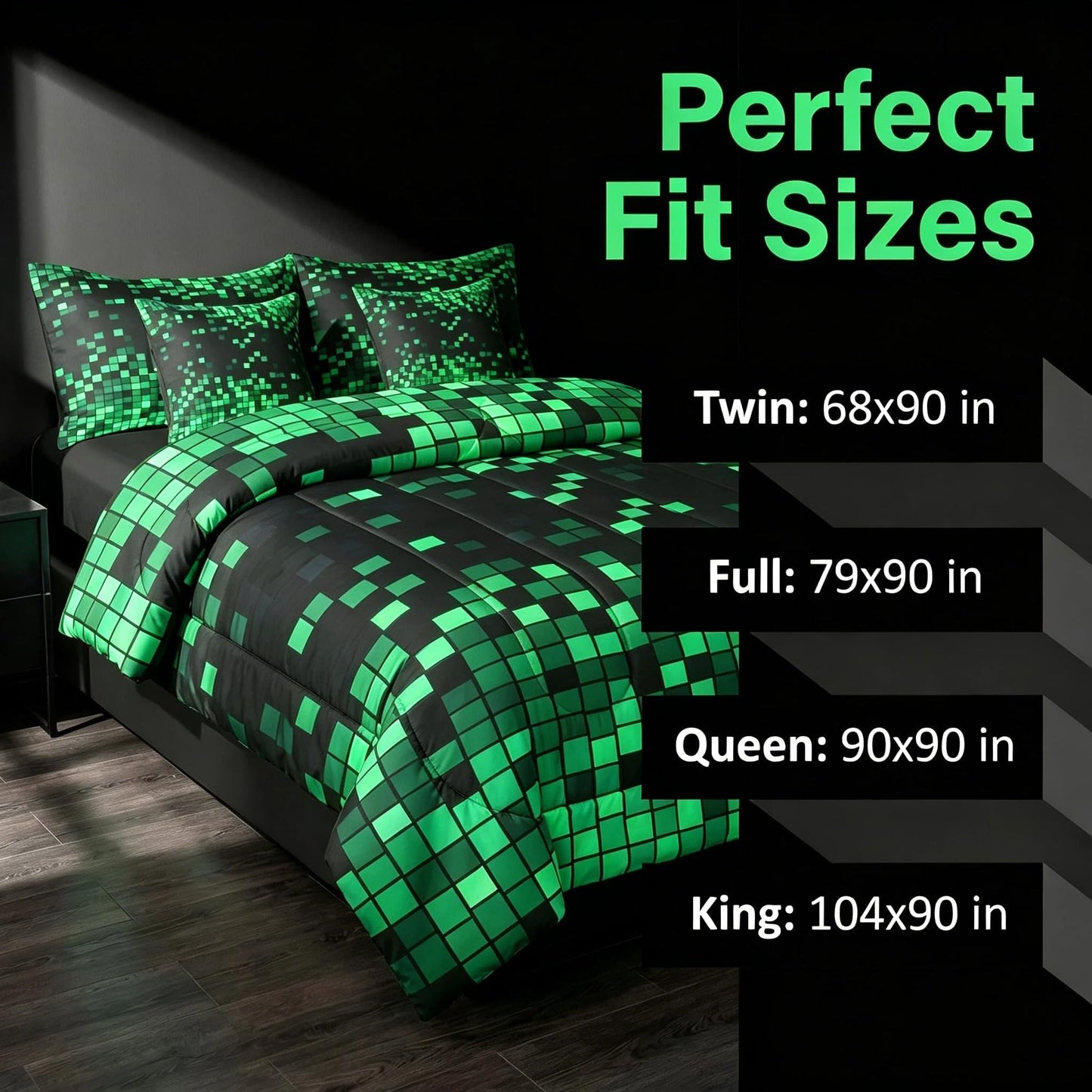 Feelyou Green Black Pixel Art Comforter Set with Sheets 7 Piece Twin Size Gamer Bedding Set for Kids Boys Girls Retro Pixel Bed in a Bag Nostalgic 8-bit Room Decor Soft Lightweight Microfiber