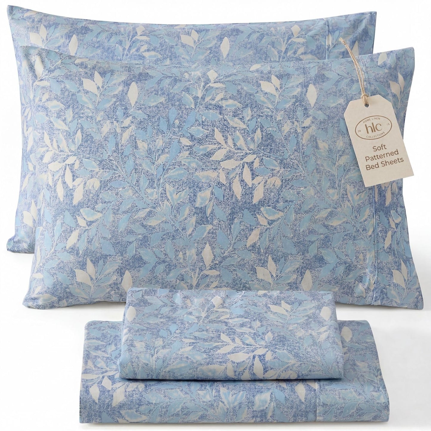HLC.ME Leaves Printed - Floral Bed Sheets - Botanical Patterned Bed Sheet Set - Wrinkle Resistant & Ultra Soft - Fits Mattresses up to 15 Inches Deep (Full Size, Blue)