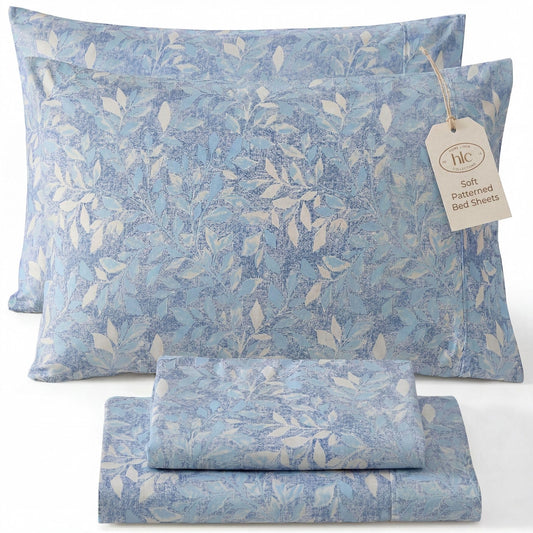 HLC.ME Leaves Printed - Floral Bed Sheets - Botanical Patterned Bed Sheet Set - Wrinkle Resistant & Ultra Soft - Fits Mattresses up to 15 Inches Deep (Full Size, Blue)