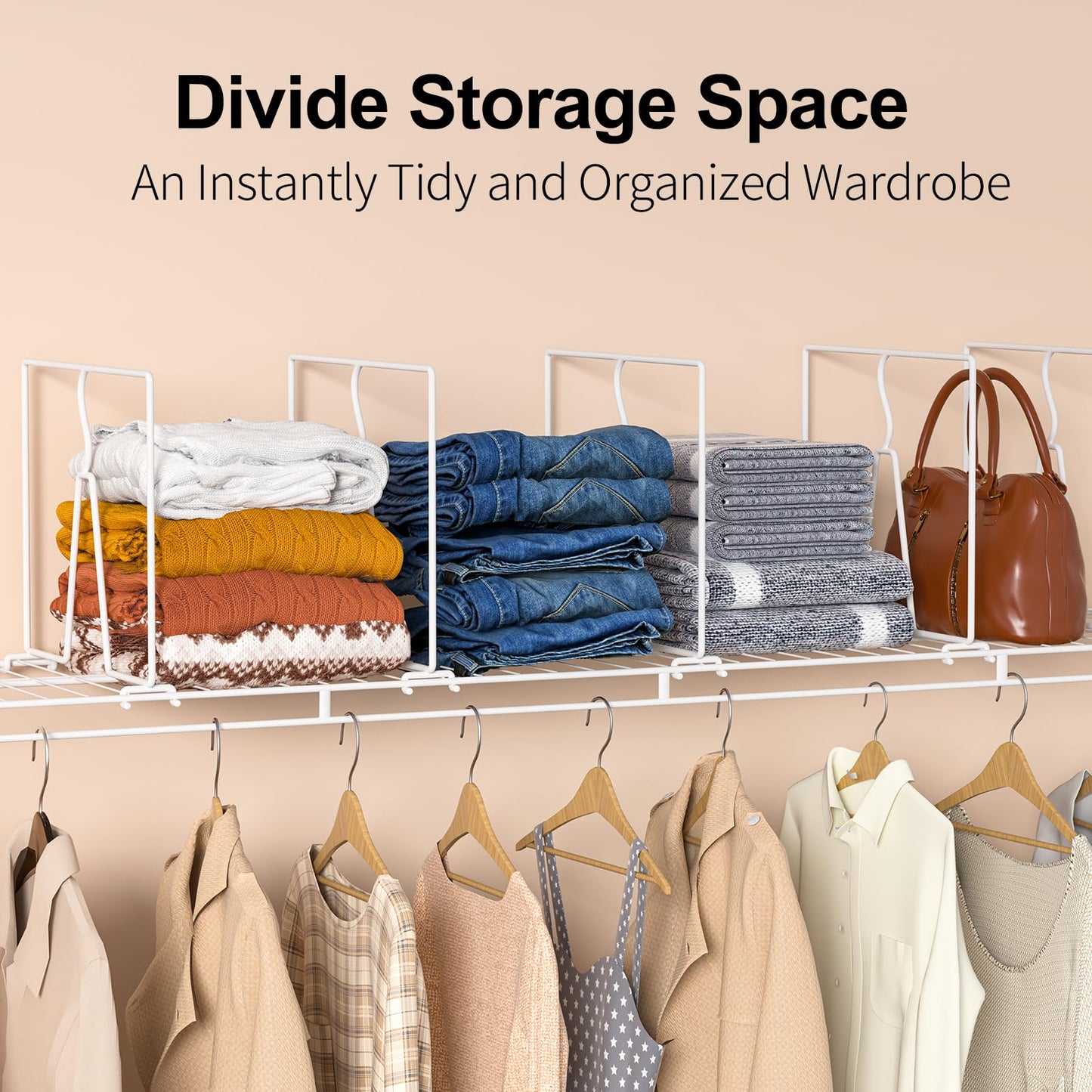 Saccik Wire Shelf Dividers for Closet: Clothes, Purse, Sweater Organizer, Vertical White Metal Rack Separators for Pantry, Bedroom, Kitchen Organization on Shelving (12" D x 10.6" H, 8 Pack)