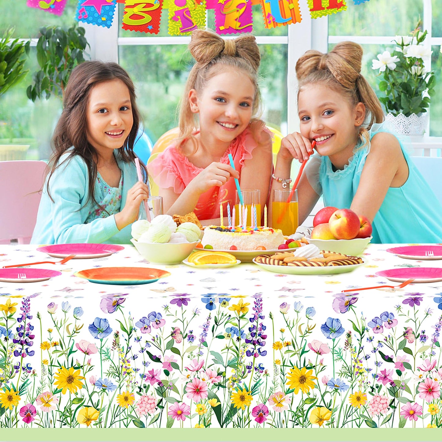CC HOME 1Pc Blooming Wildflower Party Plastic Tablecloth 54 x 87 Inch Long Table Cover, Spring Butterfly Party Tablecover for Floral Theme Kids Baby Shower Birthday Dinner Picnic Kitchen Event