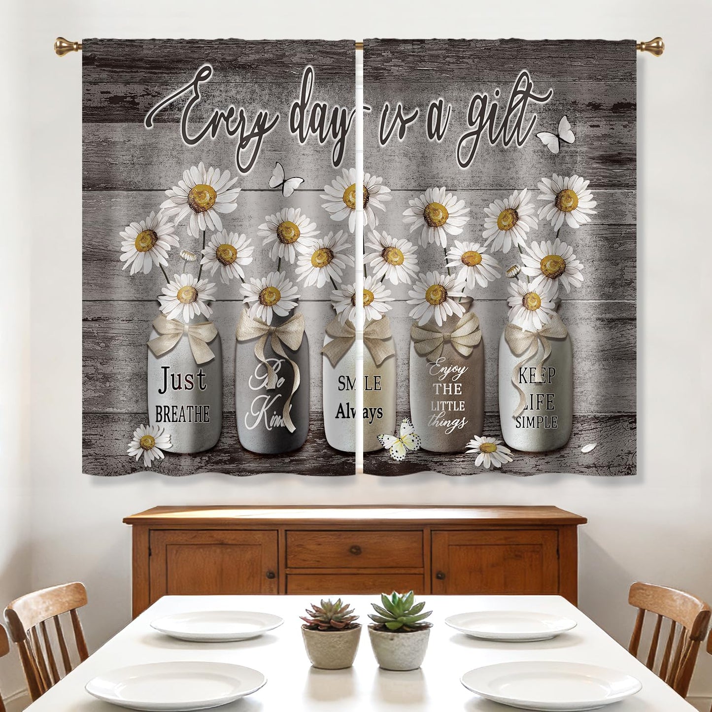 Cizuug Farmhouse Daisy Kitchen CurtainsRustic Vintage Flower Inspirational Small Short Cafe Window Curtains Wooden Country Quotes Bathroom Tier Window Treatment Drapes 2 Panels