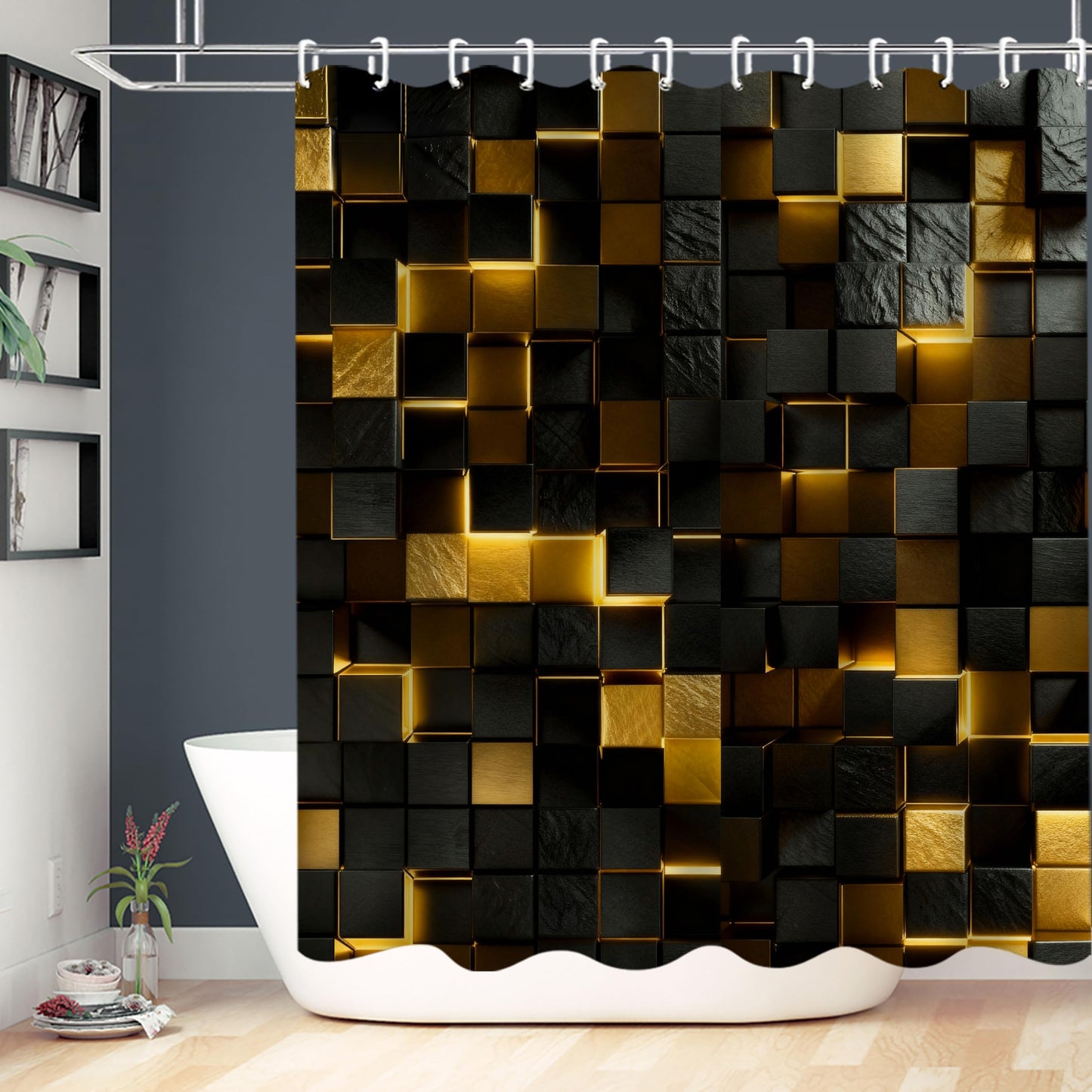 LQCOOL 4Pcs Black and Gold Shower Curtain Set 3D Cubes Bathroom Sets Modern Shower Curtain Set for Bathroom Sets with Rugs and 12 Hooks