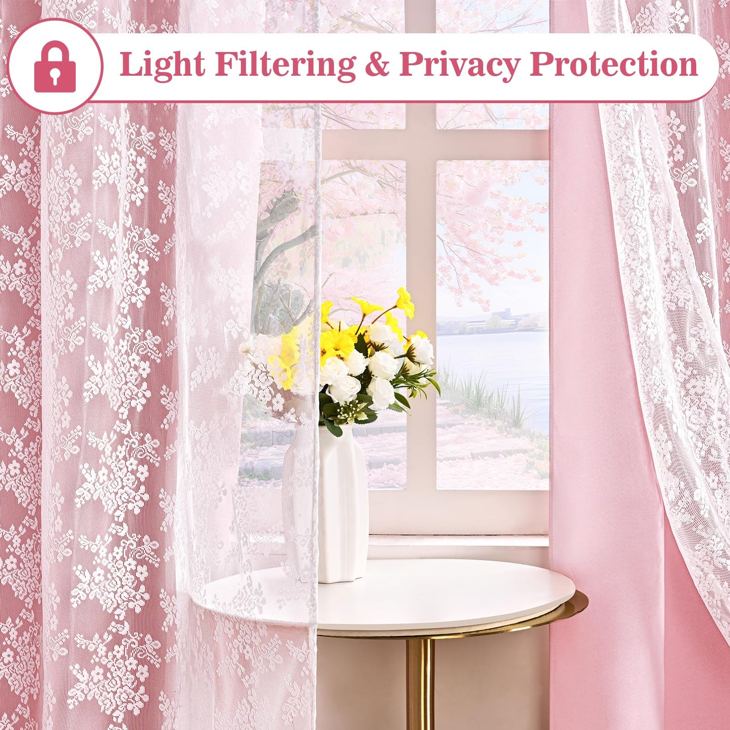 Yinhua Pink Kitchen Curtains 36 Inch Length Double Layer Blackout Cafe Curtains with Floral Sheer Overlay Rod Pocket Short Curtain for Windows, Small Window Curtain for Bathroom, Living Room, 2 Panels