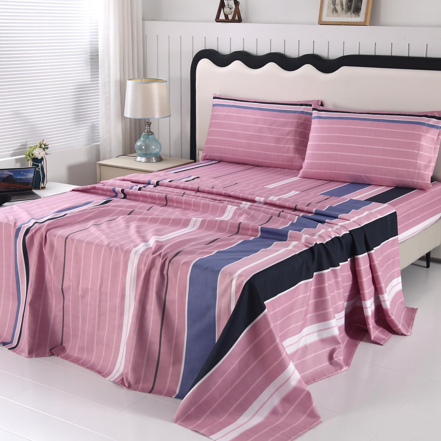 SDIII 4 Pieces Pink Striped Twin Sheets Set, Soft Microfiber Striped Sheets Twin Size Deep Pocket, Hot Pink Stripe Bed Sheet Set All Season