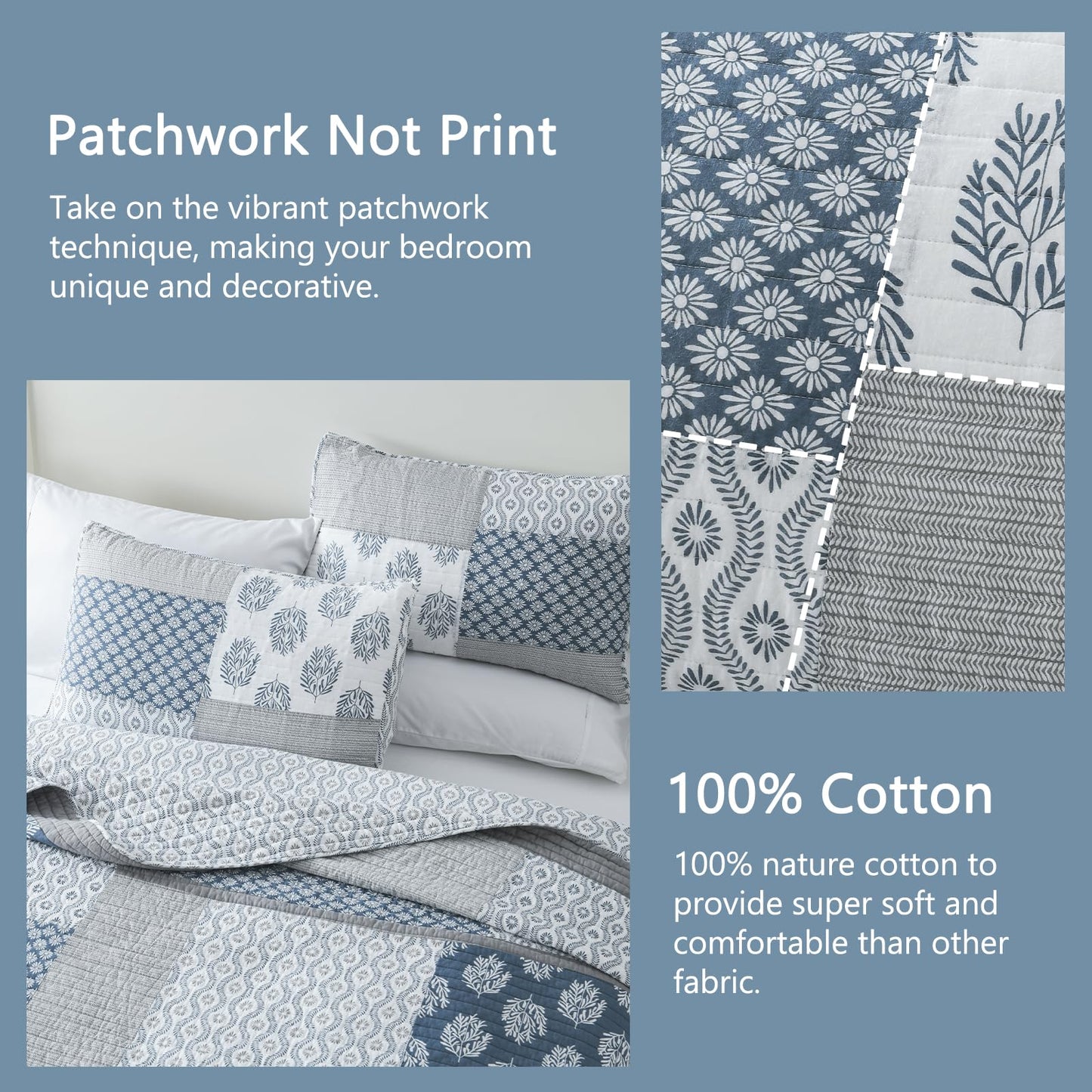Finlonte King Size Quilt, 100% Cotton Comforter King Size, Blue Grey Farmhouse Quilted Bedspread, Patchwork Lightweight Reversible Quilt Bedding Set for King Bed, 3-Pieces