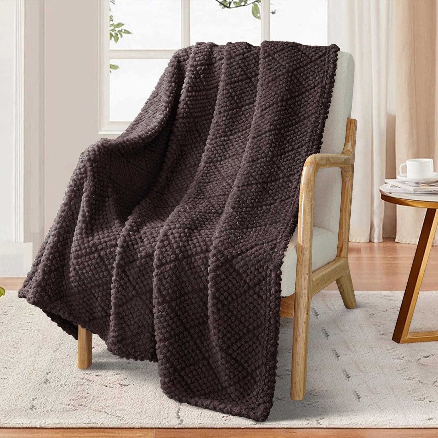 Whale Flotilla Fuzzy Fleece Throw Blanket for Couch, Bed, Soft Fluffy Jacquard Waffle Blankets for All Season, Lightweight and Cozy, 50x60 Inch, Coffee