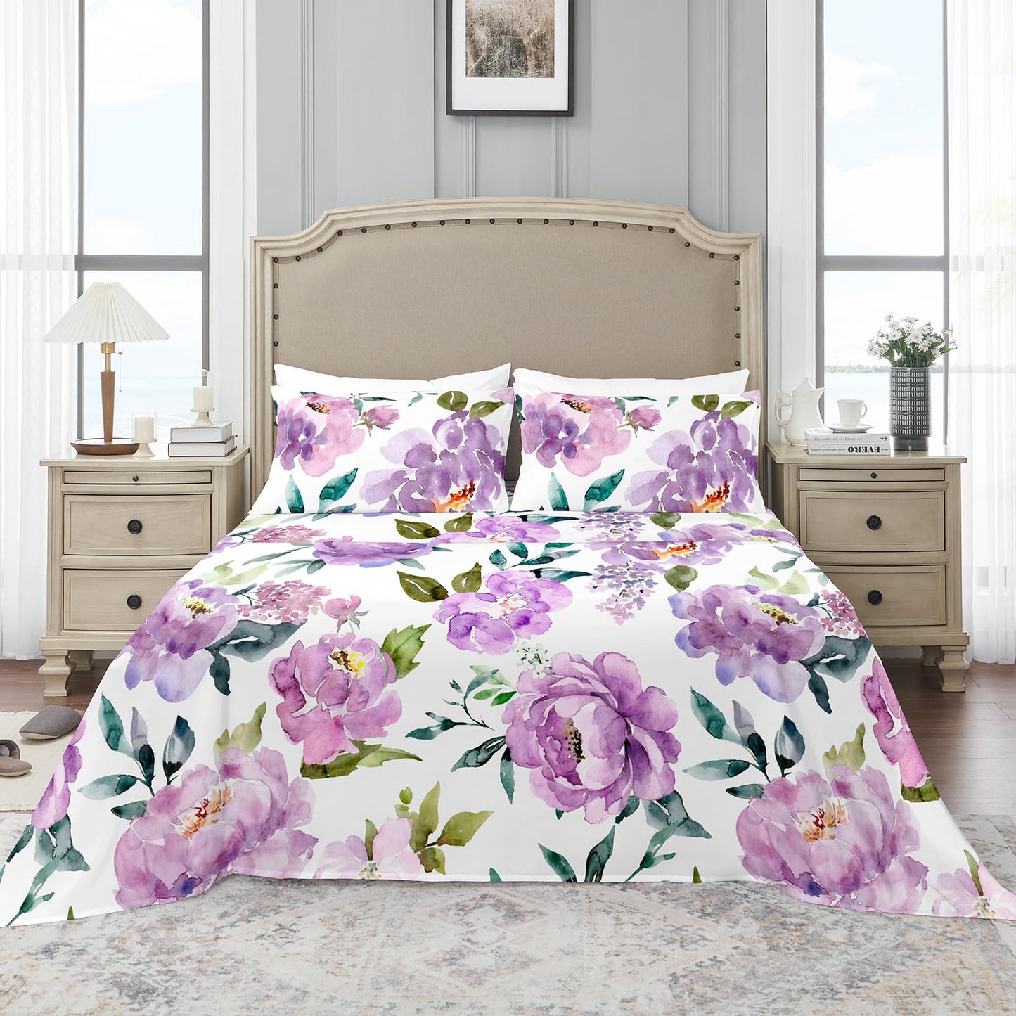 YIYEA Floral Sheets Queen Size, Premium Double Brushed Microfiber Bed Sheet Set for All Season, Soft Breathable, 16" Deep Pocket, Shrinkage and Fade Resistant, 4PC, Queen