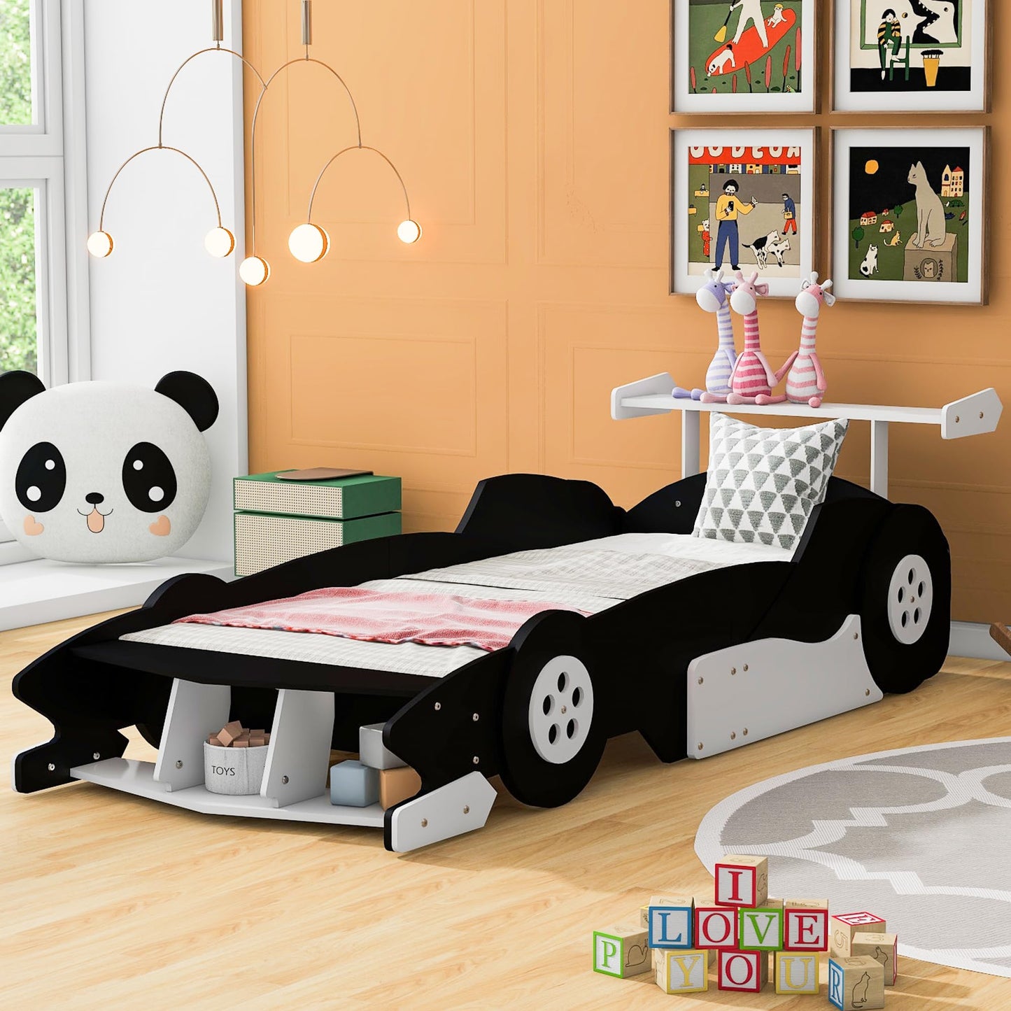 Merax Race Car Bed Frame Twin Size for Boys, Wood Car-Shaped Platform Bed with Wheels, Black