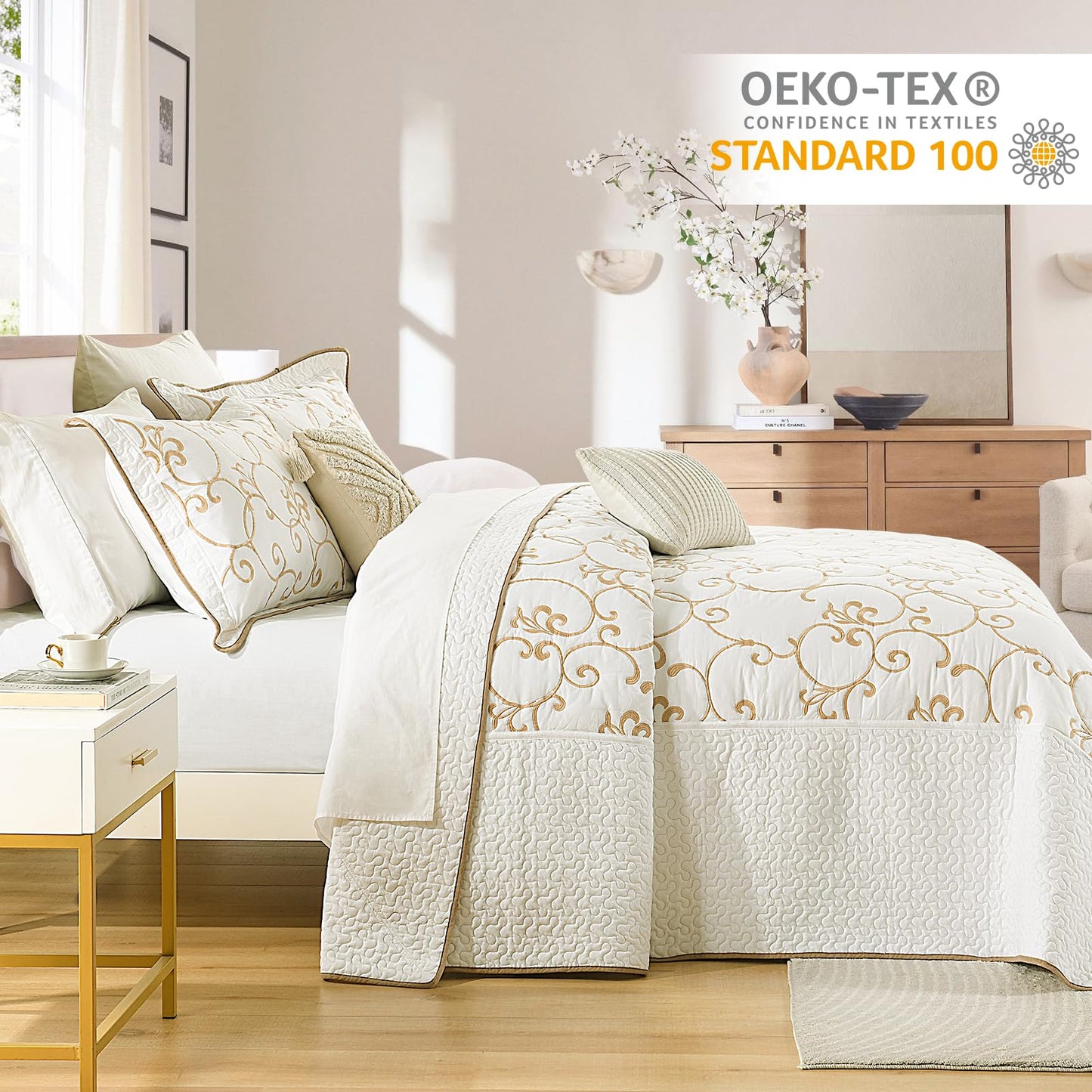 Finlonte Oversized Queen Bedspread 120"x102" - 100% Cotton Vine Embroidery Quilted Bedspread, Off-White(Ivory) Bedspread Coverlet Golden Vine, Lightweight Extra Large Queen Quilt Set with 2 Pillowsham