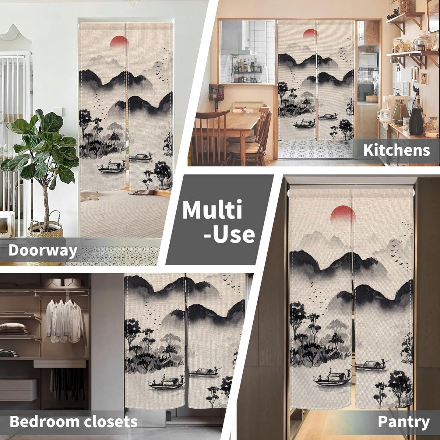 Leowefowa Chinese Ink Painting Doorway Curtain Mountain Boat Door Trapestry Feng Shui Window Treatment Hanging Japanese Noren Bedroom Divider Kitchen Door Asian Home Decor, 33.5"x 70.9"