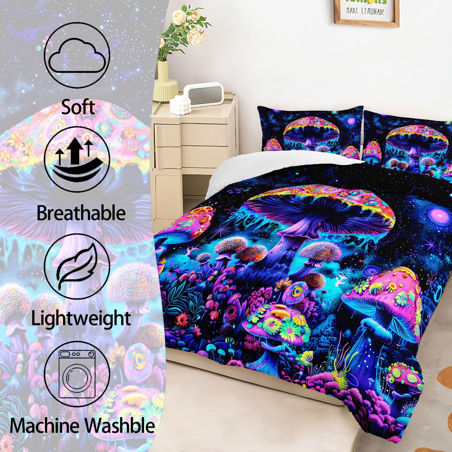 AILONEN Cartoon Mushroom Comforter Set Queen Size, Black Starry Purple Magic Mushroom Bedding Set,3Pcs Plant Fungus Comforter with 2 Pillowcases