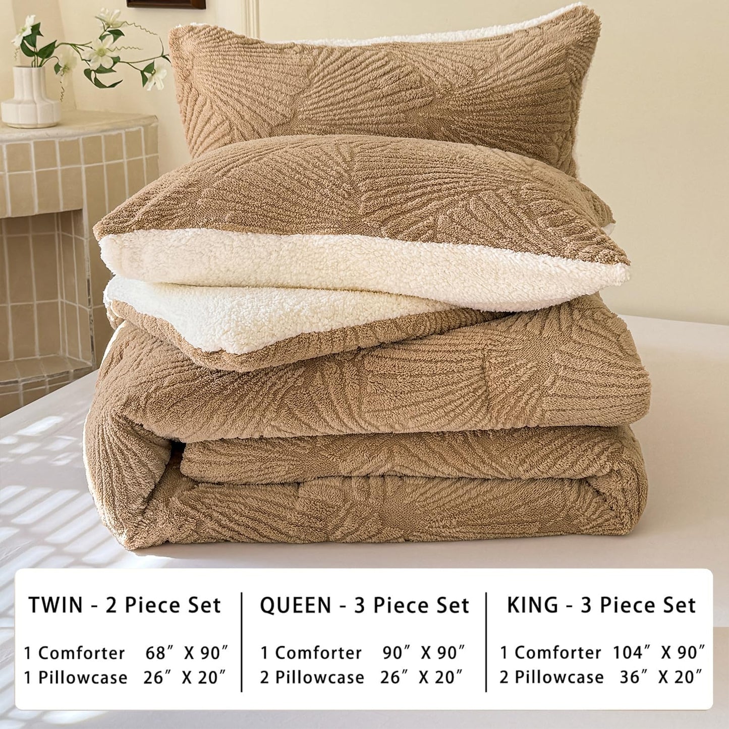 tohrisa Seashell Jacquard Sherpa Comforter Set Warm Cozy Premium Bedding 3 Pieces, King Size Geometric Pattern Quilt Comforter with 2 Pillowcases(104"X90" Beige)