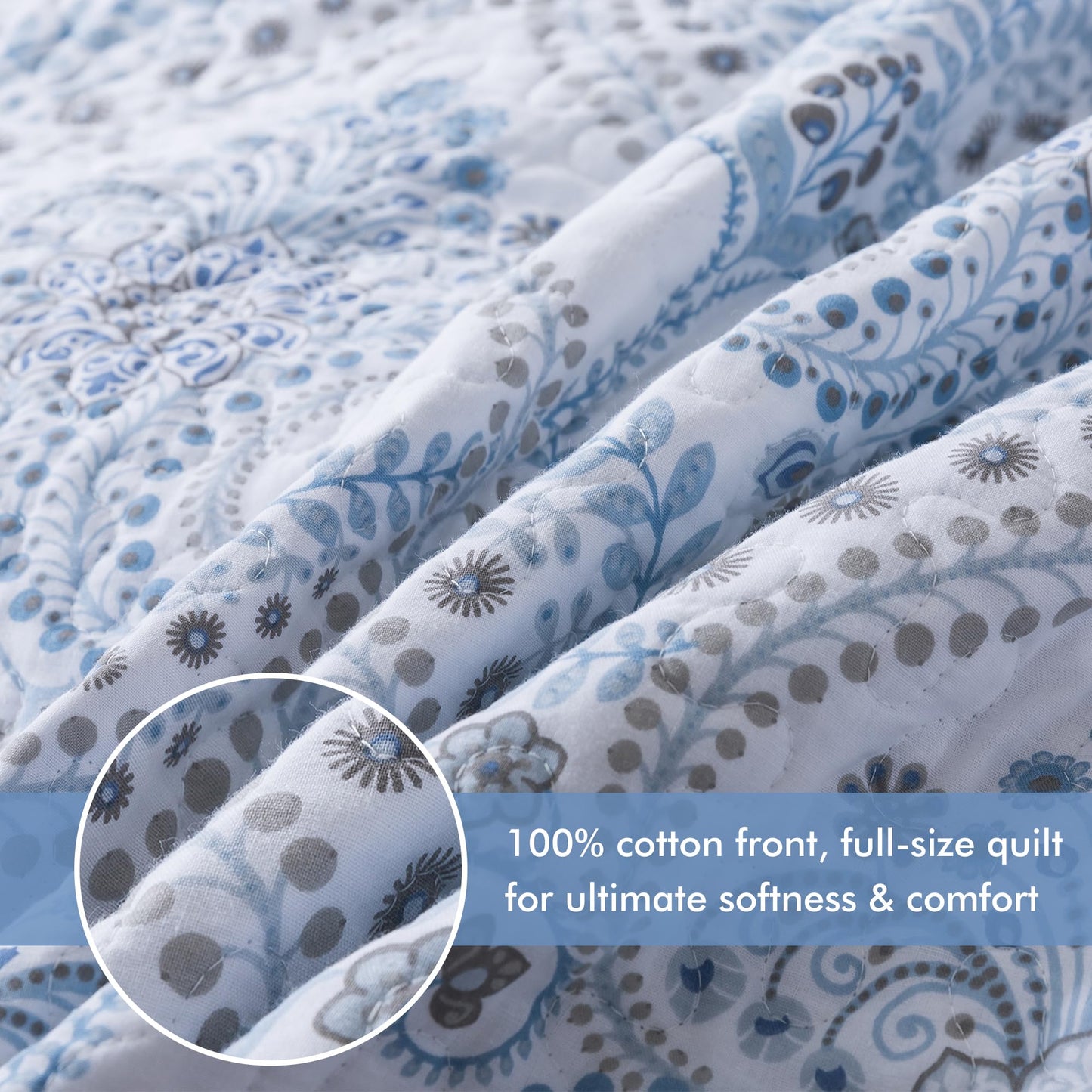 Etwel Lightweight Cotton Queen Size Quilt Set - Breathable Reversible Bedspread for Hot Sleepers, Farmhouse Floral Bedding Set with 2 Pillow Shams for All Season (90"x98", Paisley Blue)