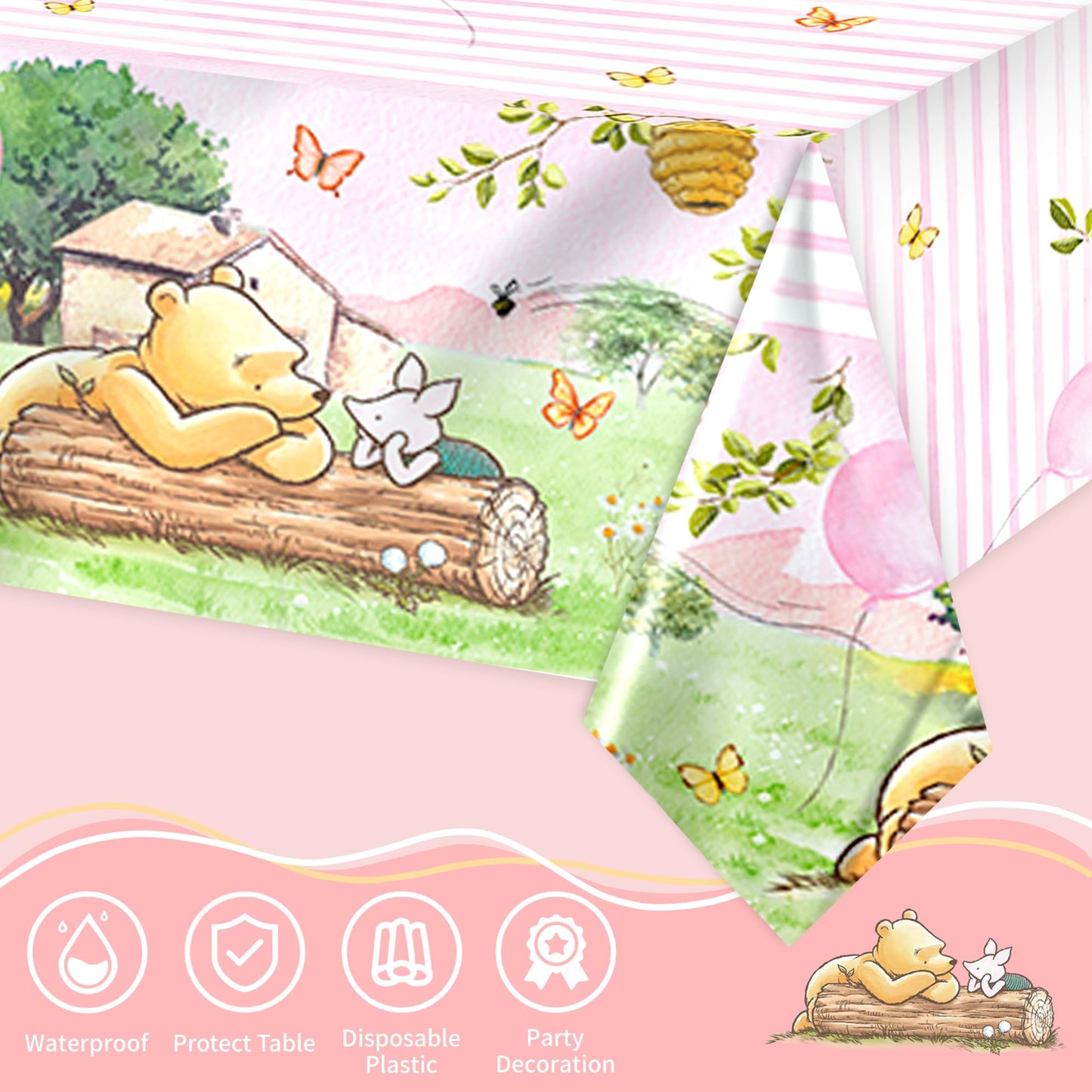 FOLNESH 3PCS Pink Classic Bear Baby Shower Tablecloths, Kids Girls First Birthday Party Decorations Bear Themed Table Cover Party Supplies -54x108IN