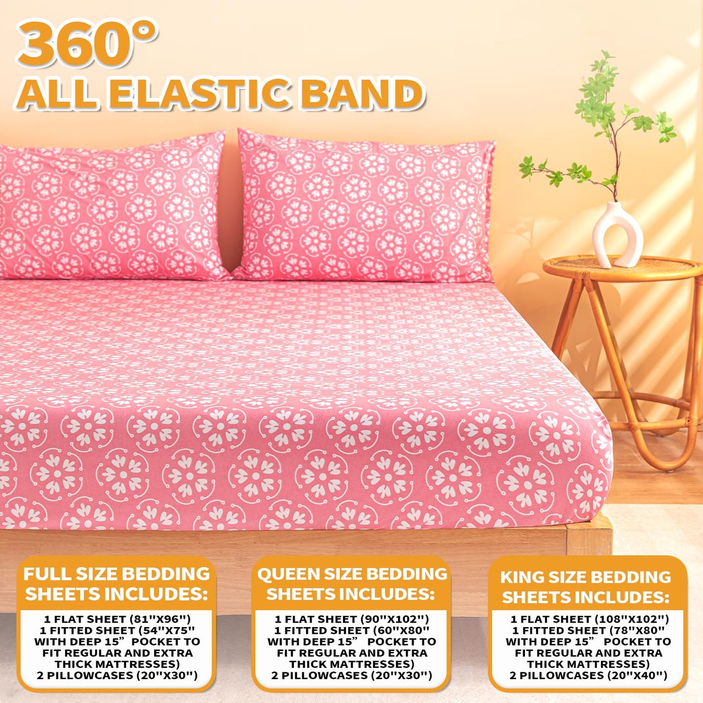 MARQUESS Printed Flannel Sheets Queen Size, Microfiber Brushed Flannel Bed Linen Set Deep Pocket Ultra Soft & Durable, 4 Piece (Pink, Queen)