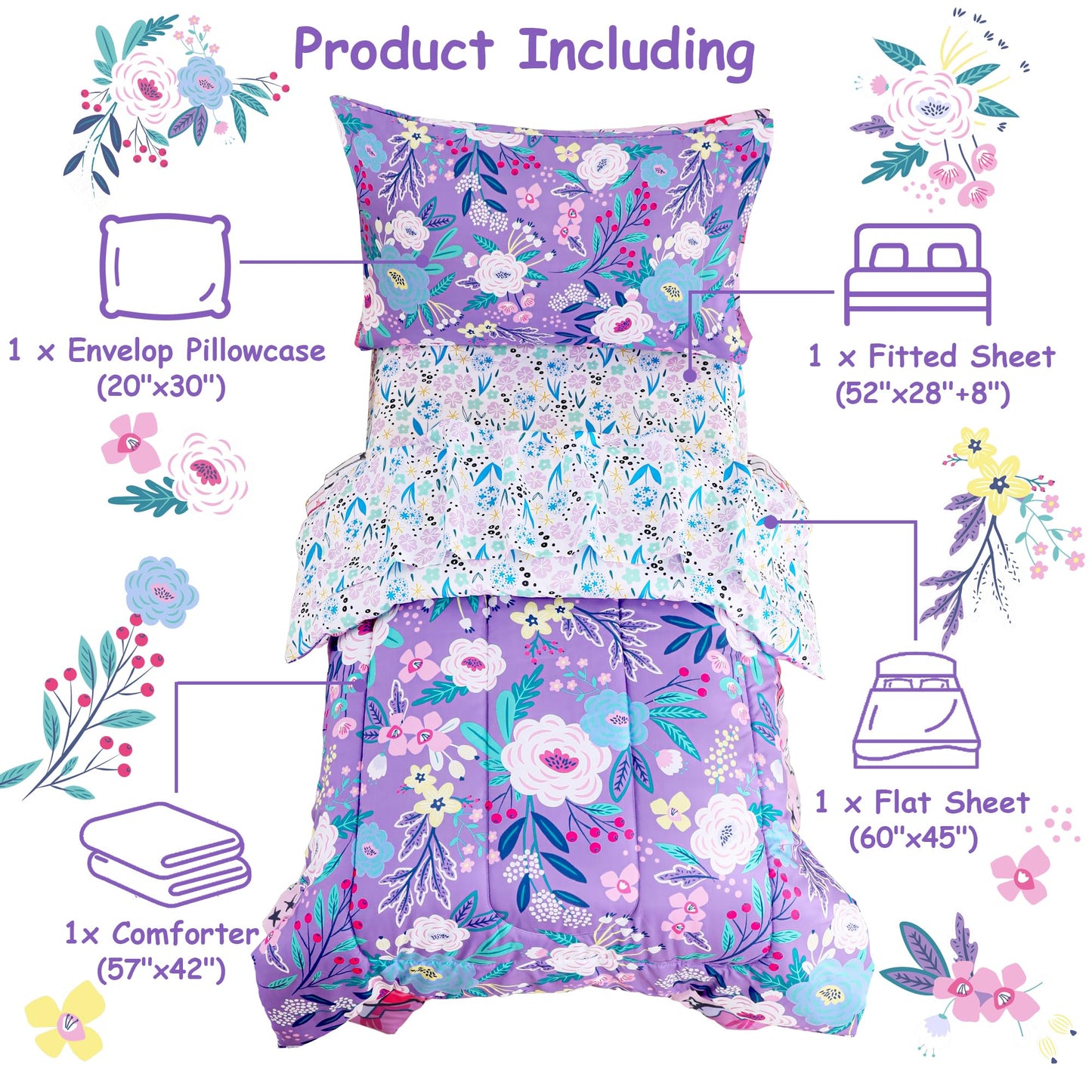 Mooreeke 4 Pieces Toddler Bedding Set - Purple Floral Toddler Comforter Sets for Girls, Includes Comforter, Flat Sheet, Fitted Sheet and Pillowcase, Bed in A Bag for Baby Bedroom