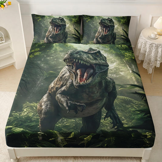 AILONEN 3D Realistic Dinosaur Fitted Sheet Set Twin XL Size, Tropical Wildlife Bedding Set for Boys Teens Kids,Ancient Dino Animal Bedsheets Set,3-Pieces,1 Sheet Set + 2 Pillowcases,Soft,Breathable