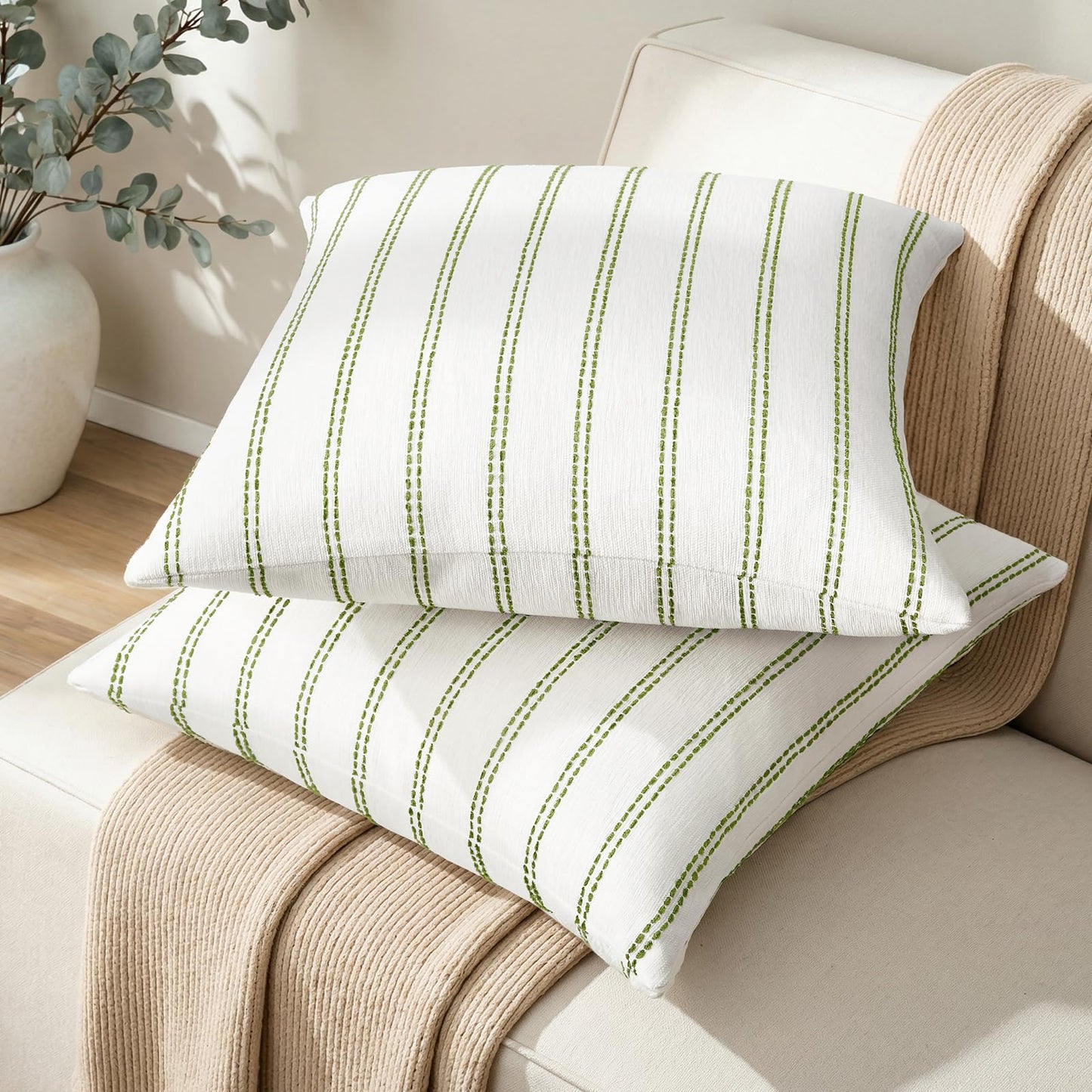 HOMEIDEAS Decorative Sage Green Throw Pillow Covers 20x20 Set of 2, Striped Textured Farmhouse Pillow Covers, Soft Chenille Cushion Covers for Couch Sofa Bed Home Decor