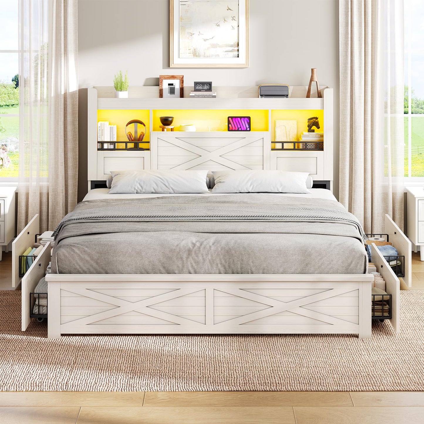 VIAGDO Farmhouse Full Size Bed Frame with Flip-Down Bookcase Storage Headboard and 4 Drawers, Rustic Wood Platform Bed Frame Full Size with Charging Station and LED Lights, No Box Spring Needed, White