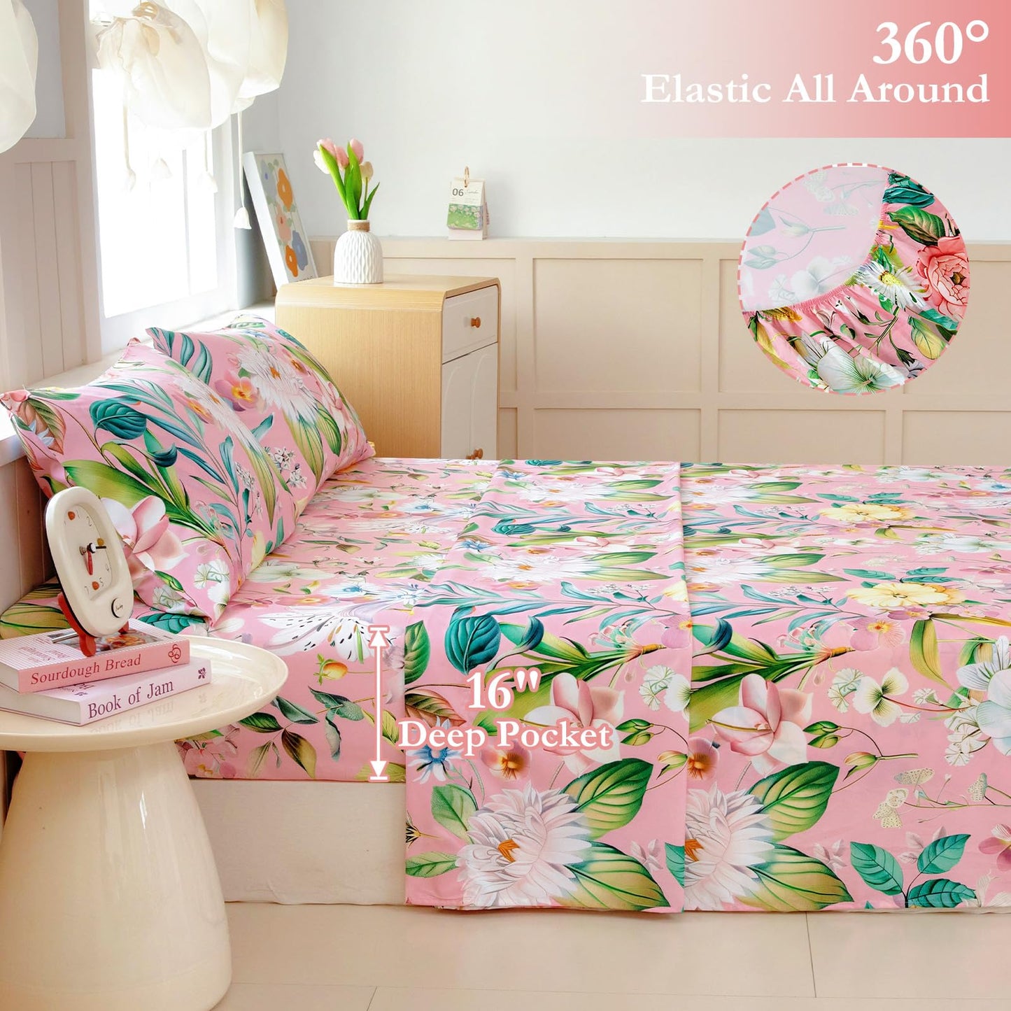 MICORAL Boho Floral Queen Sheet Set, 4-Piece Printed Botanical Bed Sheets, 16" Deep Pocket, Ultra Soft & Cooling Sheet, Oeko-TEX Certified, Blossoming Pink