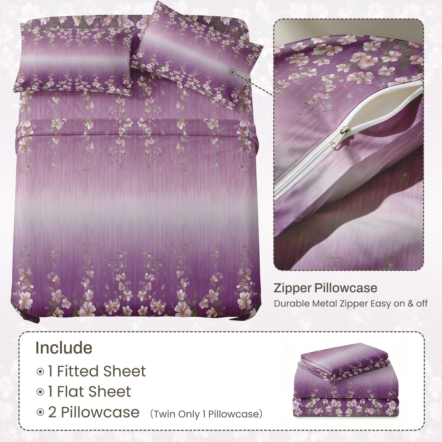 Girls Flower Queen Sheet Set 4 Pcs Purple Gradient Bed Sheets
