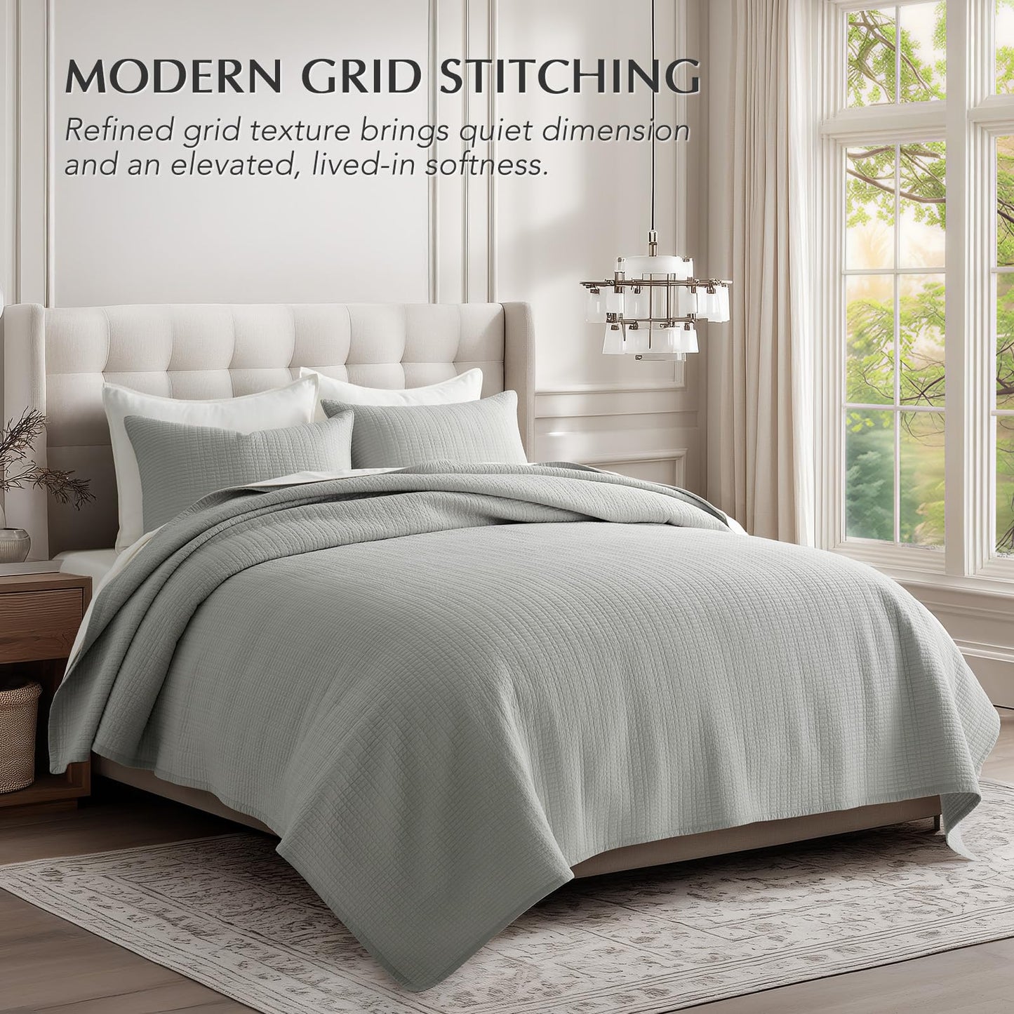 EverGrace 100% Cotton Quilt King Size, Pre-Washed Modern Grid Stitch Lightweight Bedspread Coverlet for All Season, Oversized 3-Piece Bedding Set with 2 Pillow Shams, Drizzle Gray