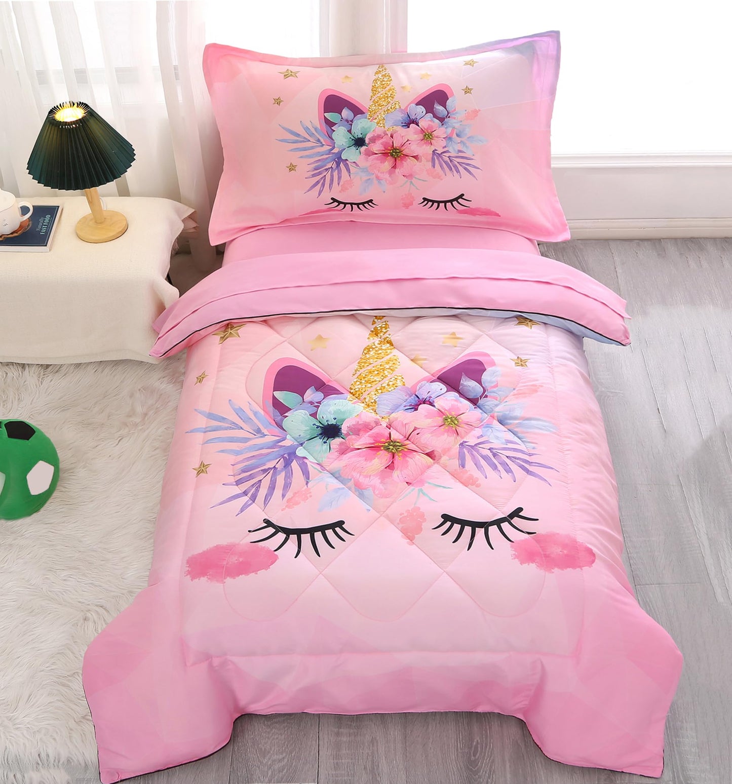 KINBEDY Toddler Bedding Set 4 Piece Pink Unicorn Crib Bedding Set for Girls Soft Cute Floral Toddler Bed Sheets Comforter Set Baby Bedroom Set, Include Comforter, Flat Sheet, Fitted Sheet, Pillowcase