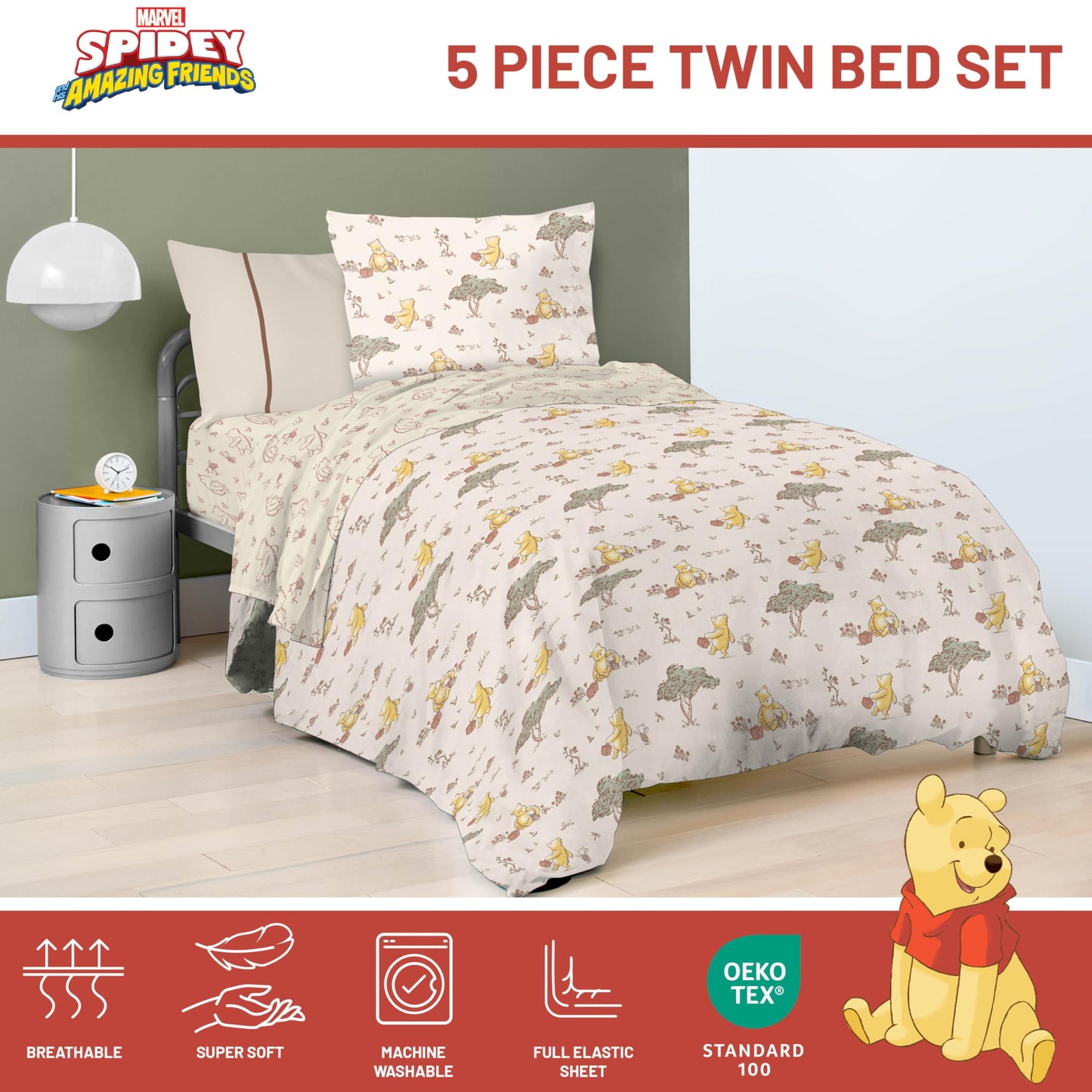 Jay Franco Kids Bed Set, Beige, Winnie The Pooh, 5 Piece Twin