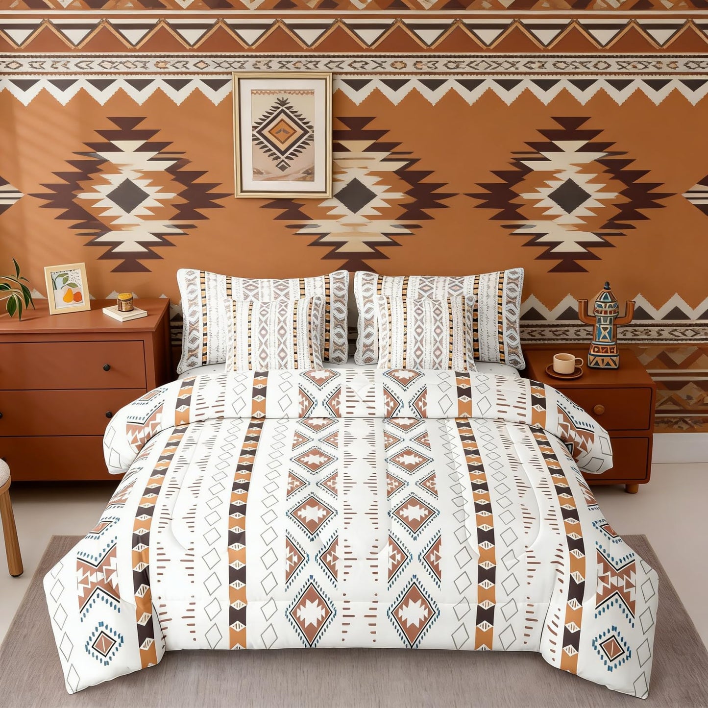 Bohemian Bed in a Bag Queen Comforter Set 7 Piece Geometric Triangle Western Bedding Sets Boho Striped Aztec Comforter and Sheet Set, Country Rustic Bed Sets Exotic Nordic Southwestern Decor,White