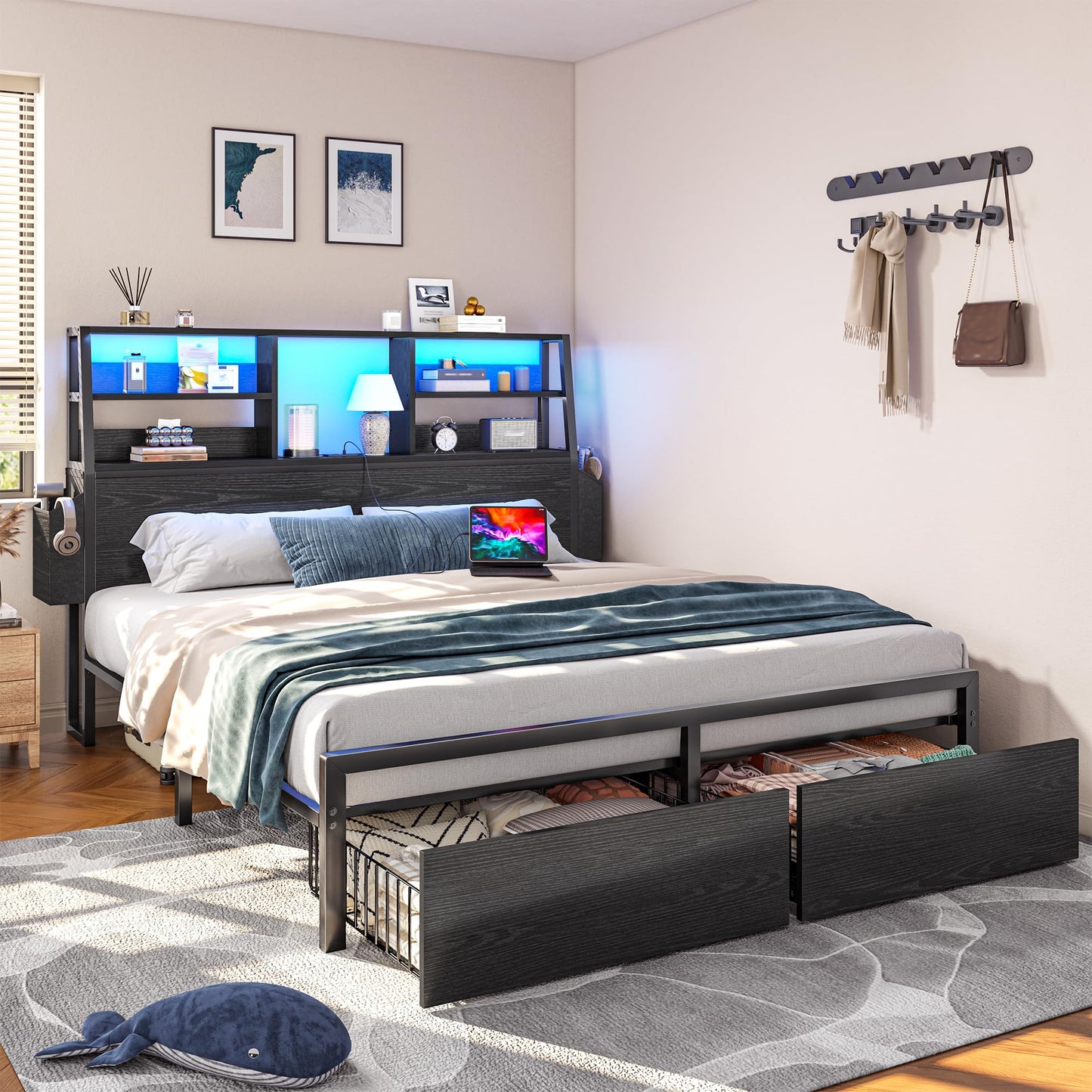 Homkdom Full Size Bed Frame with Storage, Full Bed Frame with LED Light and Charging Station,Bed Frame Full with Headboard for Apartment,Guest Room,Black