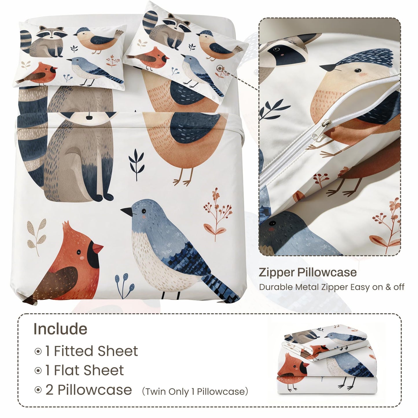 Bird Bedding Set 4 Pcs Raccoon King Sheets, Red Blue White