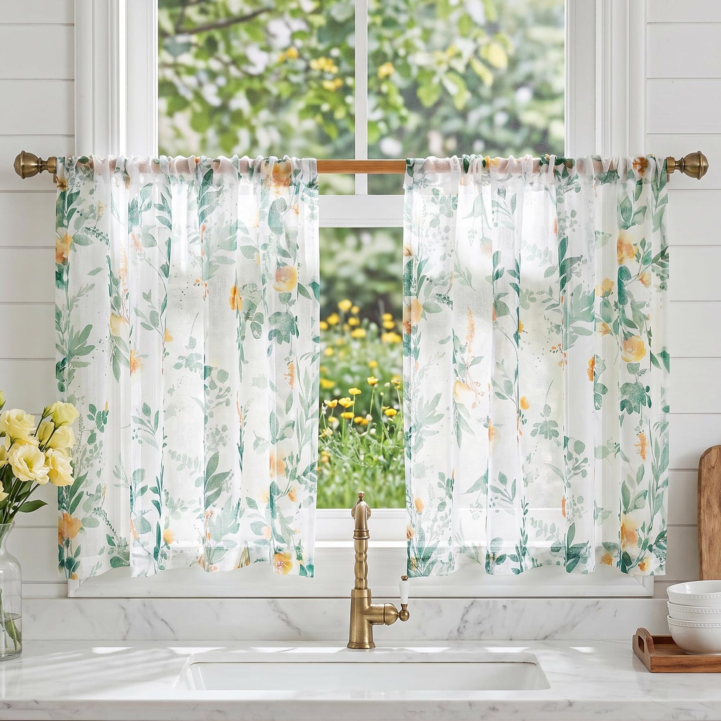 MYSKY HOME Green Sheer Curtains 36 Inches Long 2 Panels Set Country Rustic Floral Design Spring Short Curtains for Windows Rod Pocket Drapes, Each Panel 52" Wide