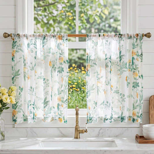 MYSKY HOME Green Sheer Curtains 36 Inches Long 2 Panels Set Country Rustic Floral Design Spring Short Curtains for Windows Rod Pocket Drapes, Each Panel 52" Wide