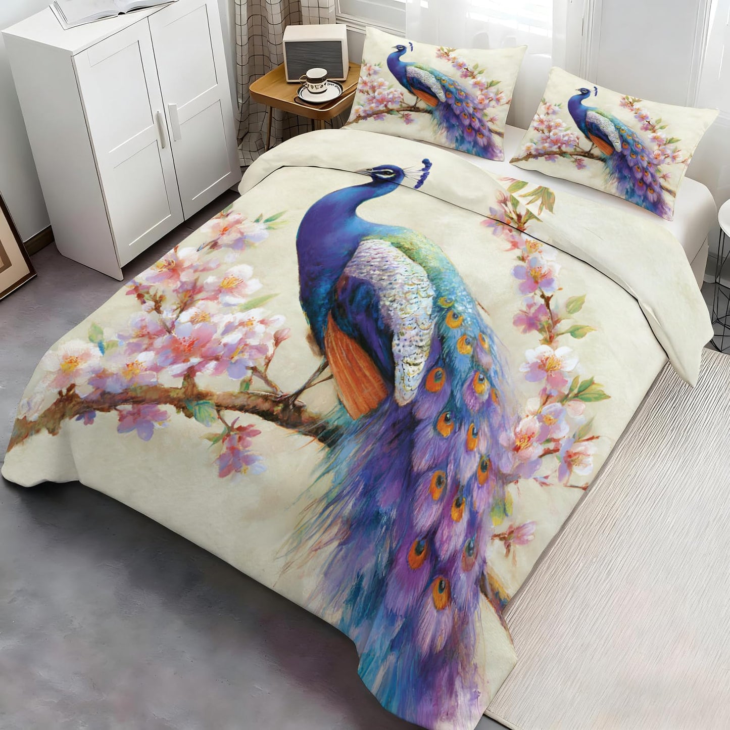 Peacock Duvet Cover Twin Size, Purple Peacock Feather Comforter Cover 68" x 90" & 2 Pillowcases, Fantasy Birds Bedding Set with Zipper Ties