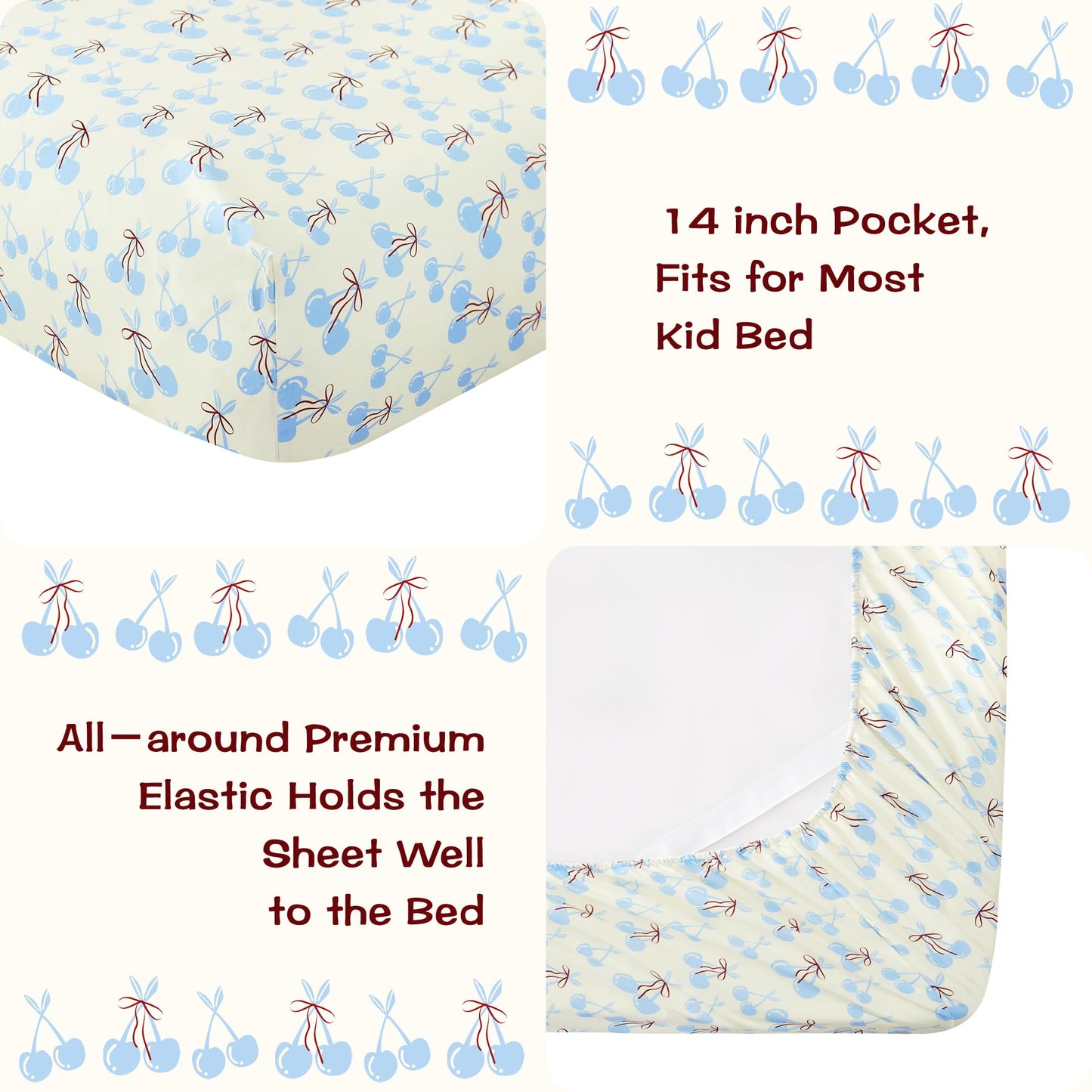lasoftan Kids Sheet Set Twin Size, Twin Sheet Set with Blue Cherry Pattern，Breathable Silky Soft Microfiber Kids Fitted Sheet