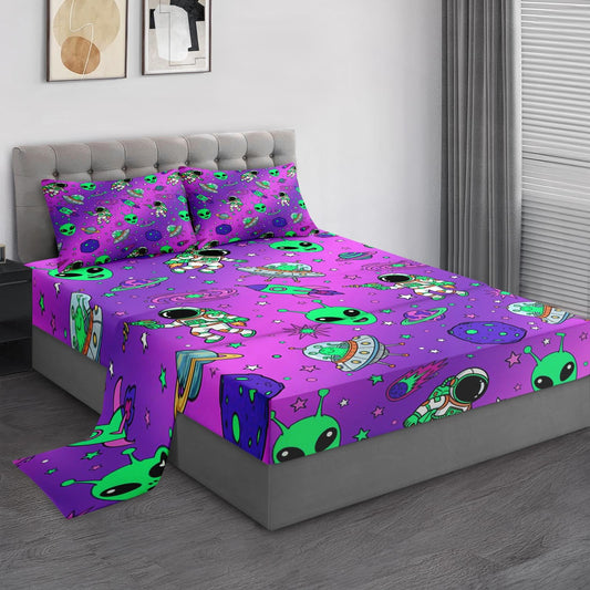 Pamnest Full Size Bed Sheet Sets, Alien Space Soft Microfiber 4 Pcs Bedding Sets for Kids and Adults Bedroom Bed Decor, Moon Neon Science Flat, Fitted Sheet and 2 Pillowcases