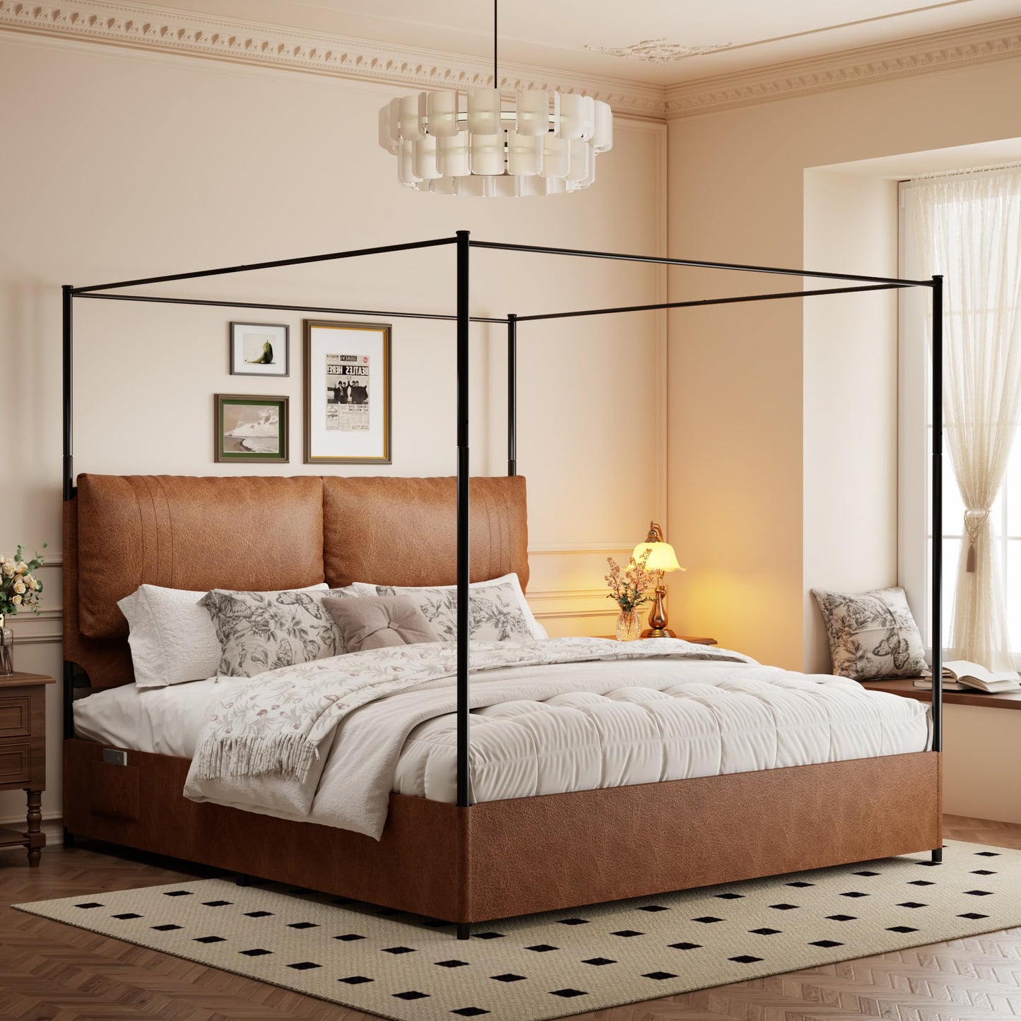 madeslves King Size Upholstered Canopy Bed Frame with Headboard, Heavy Duty Metal Slats Support, No Box Spring Needed, Easy Assembly, Brown