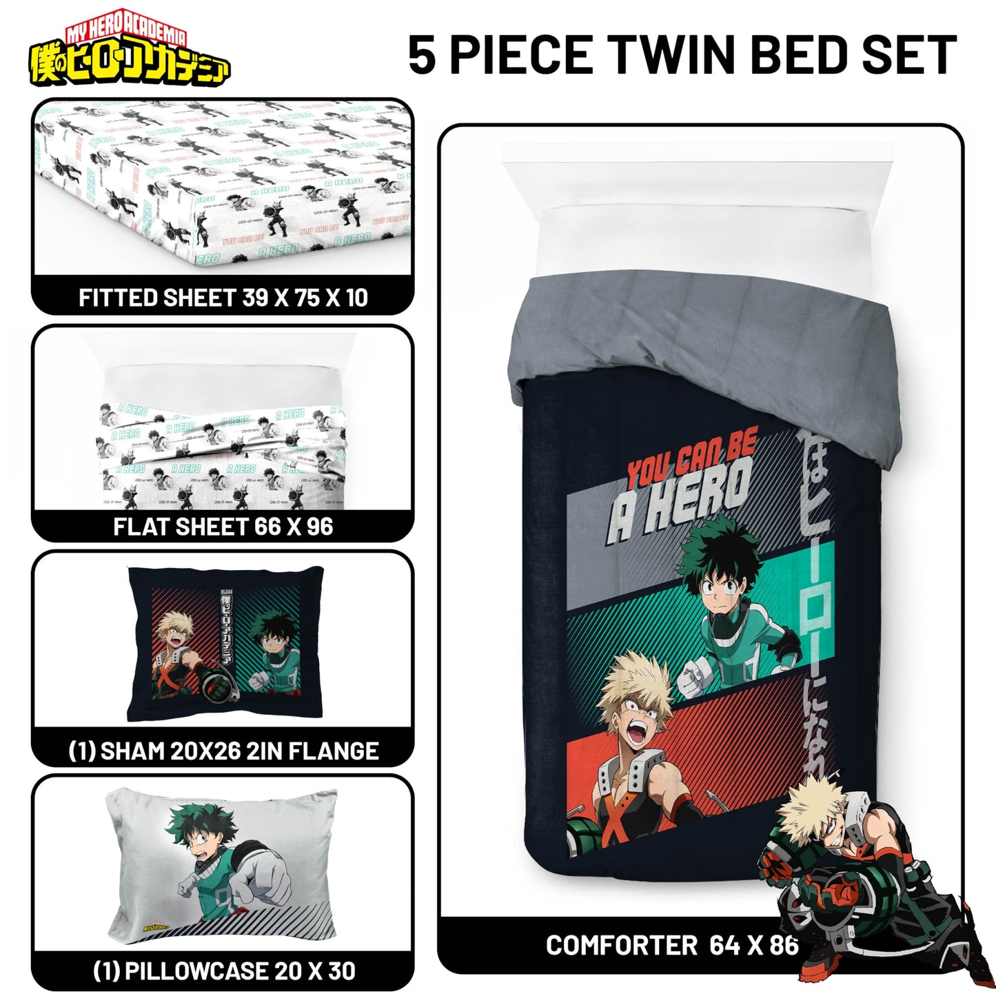 Jay Franco Kids Bed Set, Black, My Hero Academia, 5 Piece Twin