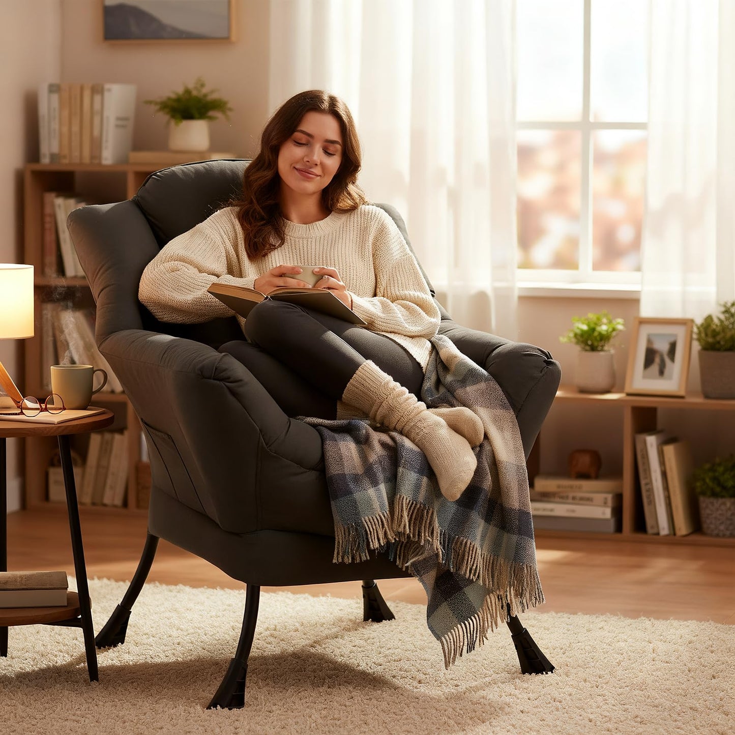 HomEastlly Lazy Chair, Large Accent Chair, Modern Comfy Armchair, Dark Grey Chair for Living Room Bedroom Dorm Room Office Apartment Reading Relaxing Use