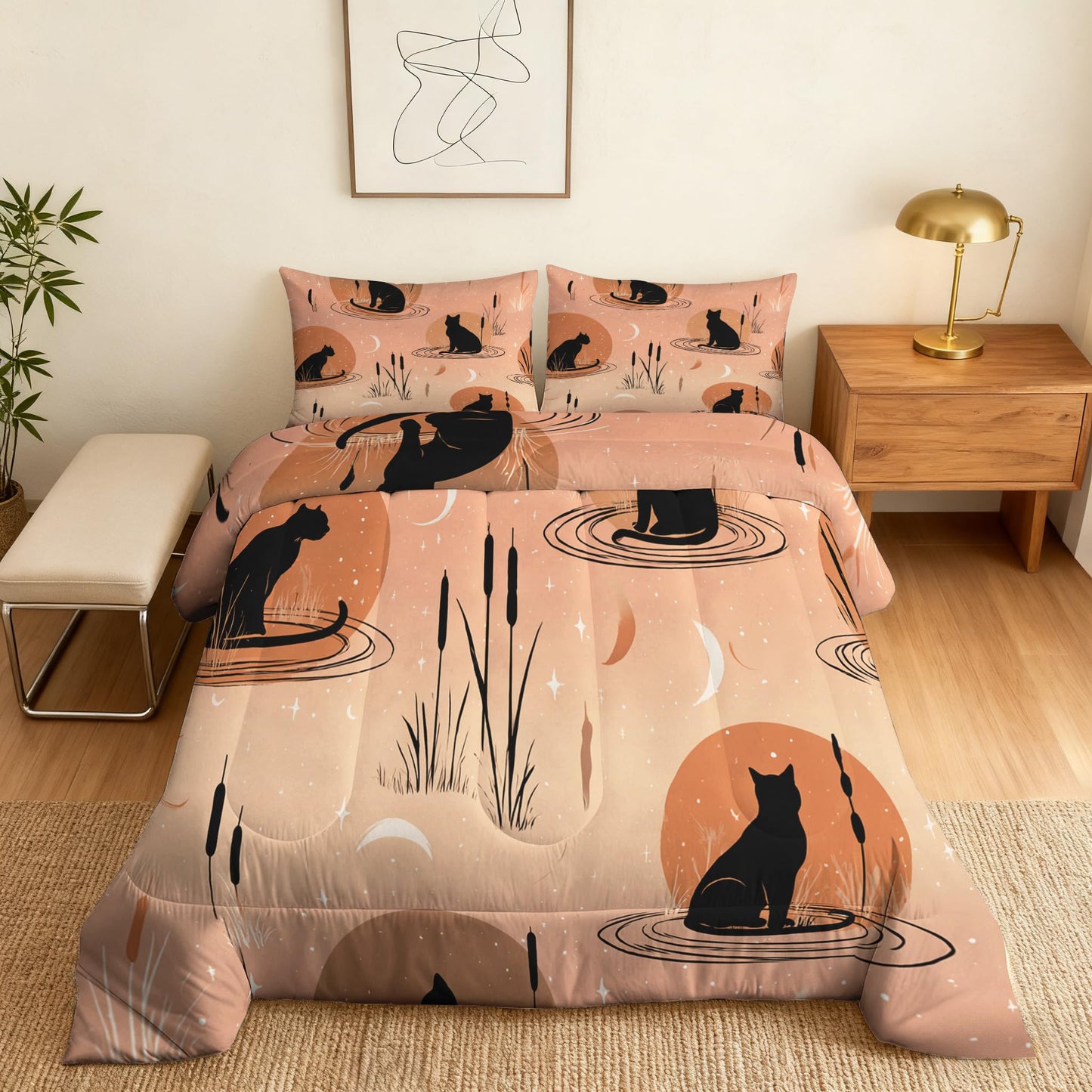 TANCAPRIUM Black Cat Comforter Set Twin - Boho Moon Bedding Set & 2 Pilow Cases for All Season - Soft Reversible Down Alternative 3 Piece. Witchy Bedrom Decor