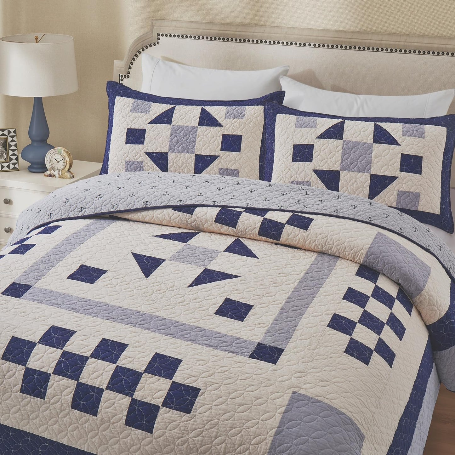 HUANXULISI California King Quilt, Navy Blue Grey, 118x102 Inch