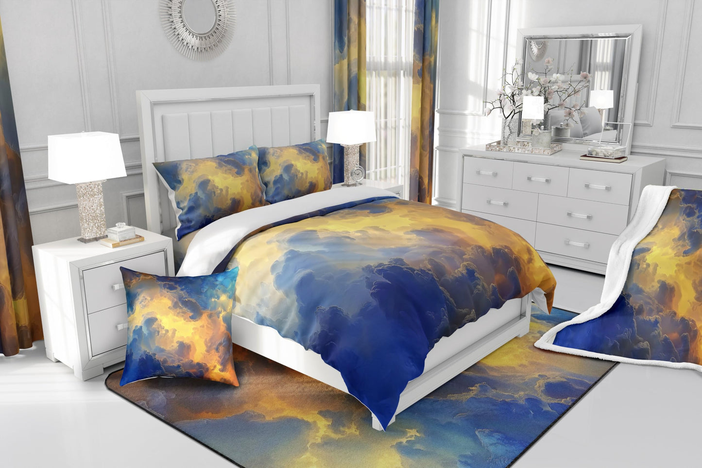 Erosebridal Beauty Weather Nature Comforter Set Full Size,Oil Painting Clouds Bedding Set for Kids Teens,Sunscape (Comforter+Fitted+Flat Sheet+2 Pillowcases+2 Throw Pillow Covers) 7 Pieces Bed Set