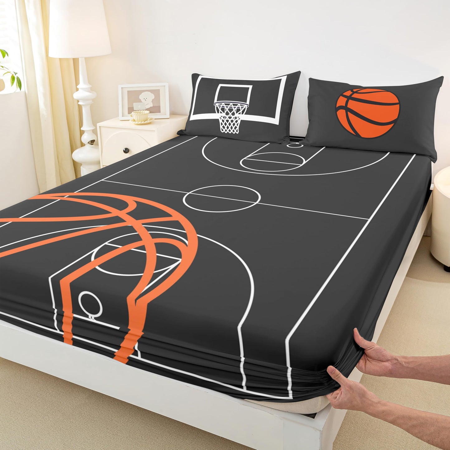Basketball Court Print Fitted Sheet Set Full Size 4Pcs,Ball Sports Games Themed Bedding Set(1 Fitted,1 Flat,2 Pillows),Orange Basketball and Hoop Deep Pocket Bed Sheets for Girls Teens Room