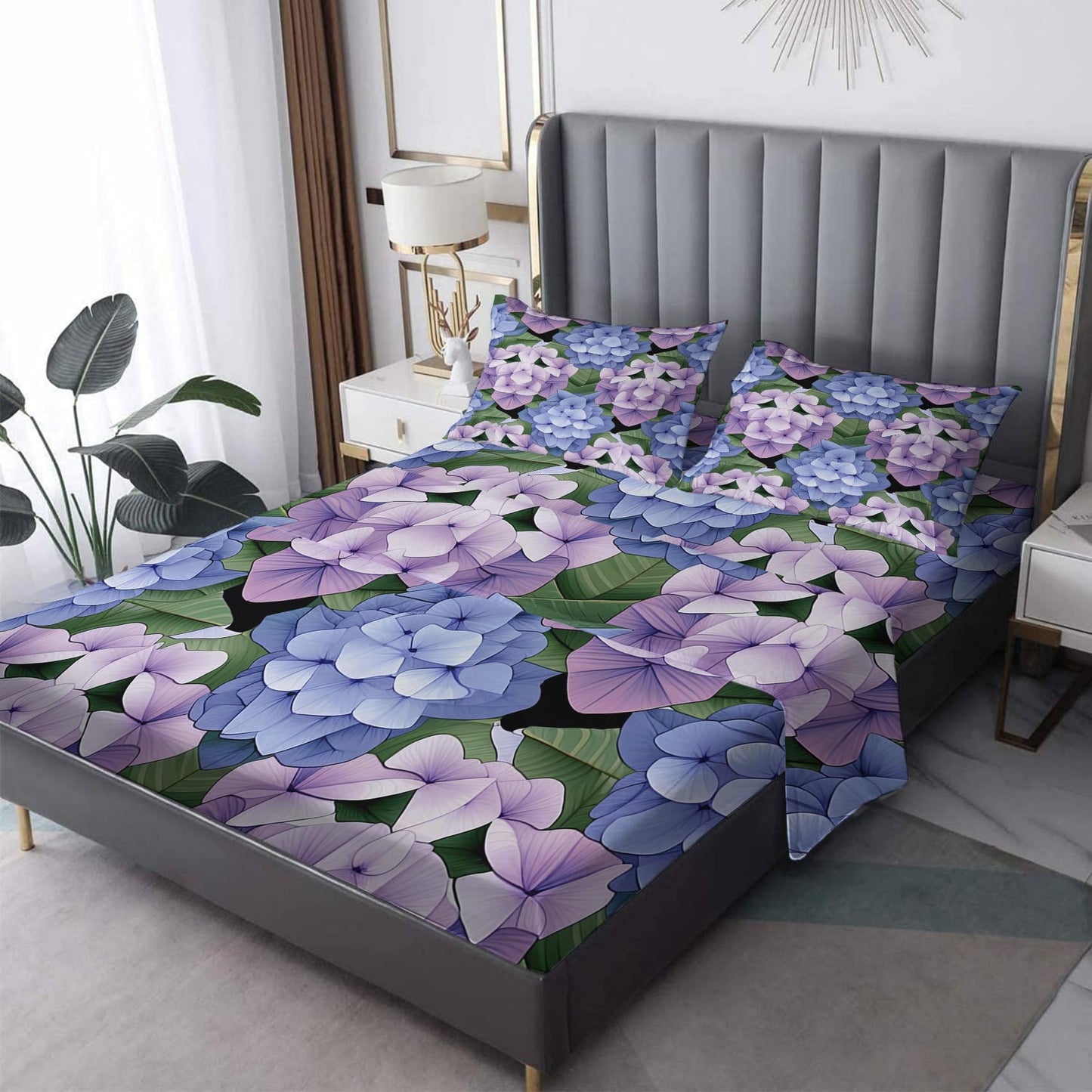 zcsm Hydrangea Sheets King Sheet Sets - Floral Bed Sheets, Soft Microfiber & Deep Pocket & Wrinkle Free Patterned Bedding Sheets & Pillowcases, 4 Piece (1 Fitted Sheet, 1 Flat Sheet, 2 Pillow Cases)