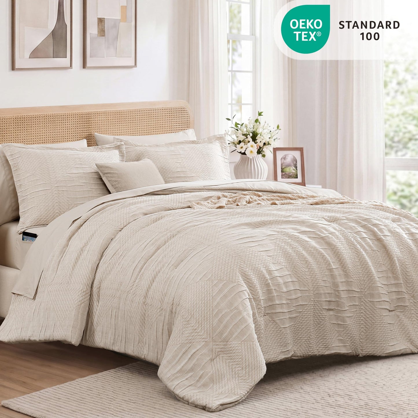 MaiRêve Queen Comforter Set Beige, Crinkle Textured Design Boho Bedding Set 7 Pieces Bed in A Bag, All Season Geometric Comforter Set with Sheets, Pillowcases & Shams