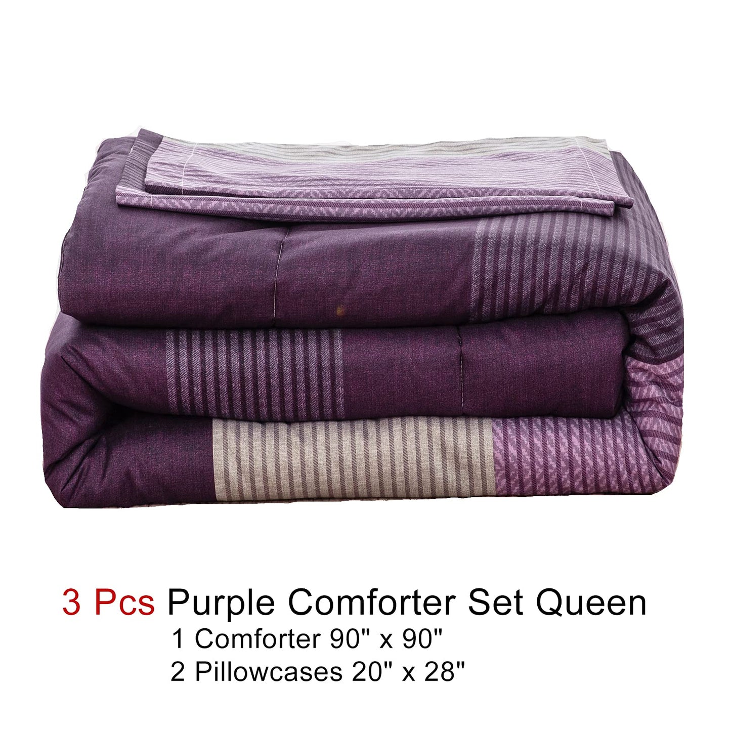 WONGS BEDDING Purple Comforter Set Queen, Reversible Purple Striped Patchwork Alternative Comforte Set for Queen Bed,3 Pieces(1 Comforter+2 Pillowcases), Soft Microfiber Bedding Set 90”×90”